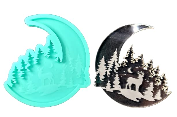 4 Inch DEER Forest and Crescent MOON Silicone Mold for Resin, Epoxy, Clay, Cement, Metal & Wax - Glossy Finish DIY Jewelry Making, Pendant Charms, Candle Engraving - Perfect for Handmade Gifts, Home Decor & Craft Projects
