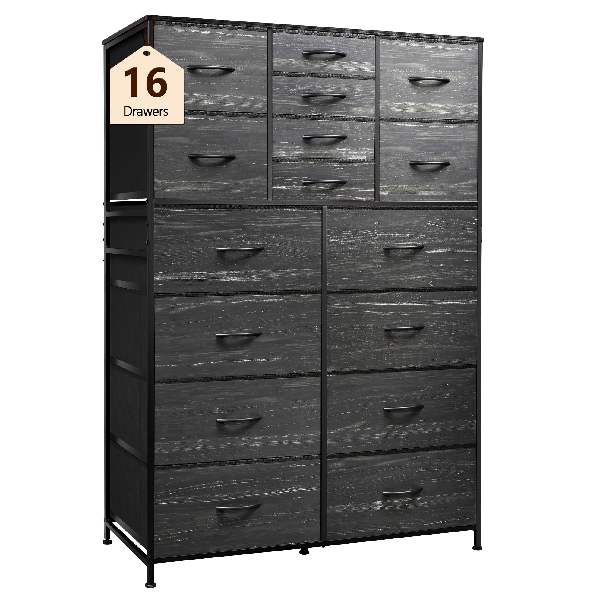 WLIVE 16-Drawer Storage Dresser Organizer - Tall Wood Grain Print Chest with Fabric Bins for Bedroom, Closet & Hallway | Charcoal Black Modern Dresser for Clothes, Toys & Home Organization