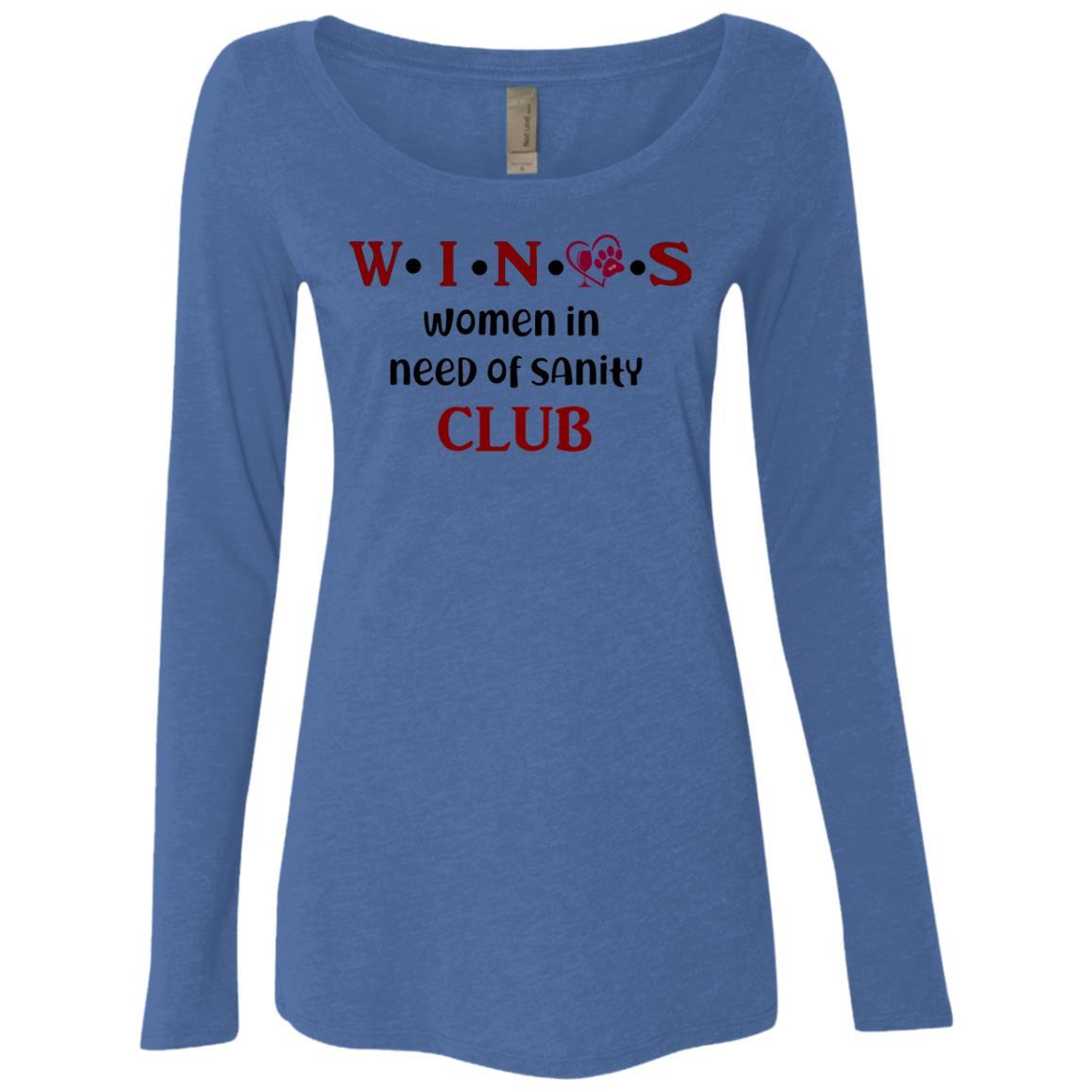 WineyBitches.Co WINOS Club Women's Tri-Blend Long Sleeve Scoop Neck T-Shirt with Burgundy Lettering - Perfect for Wine Tasting, Girls' Night Out & Casual Wear