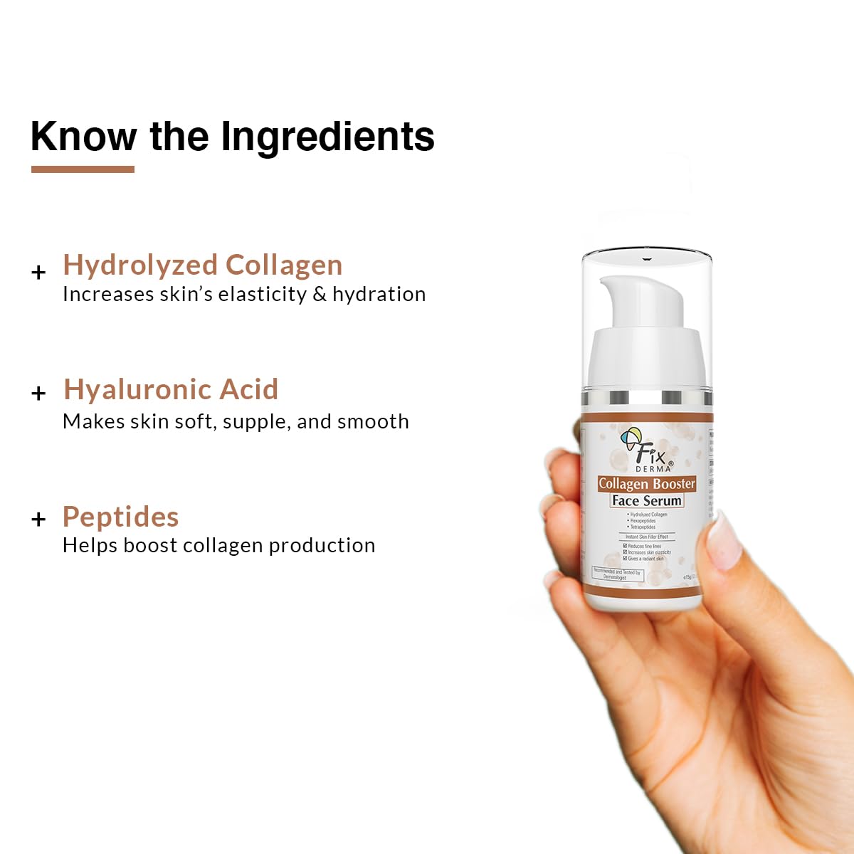 Fixderma Hydrolyzed Collagen Booster Face Serum - Anti-Aging Collagen Serum for Fine Lines & Wrinkles, Men & Women, All Skin Types (15g) | Hydrating & Firming Facial Treatment for Day & Night Skincare Routine