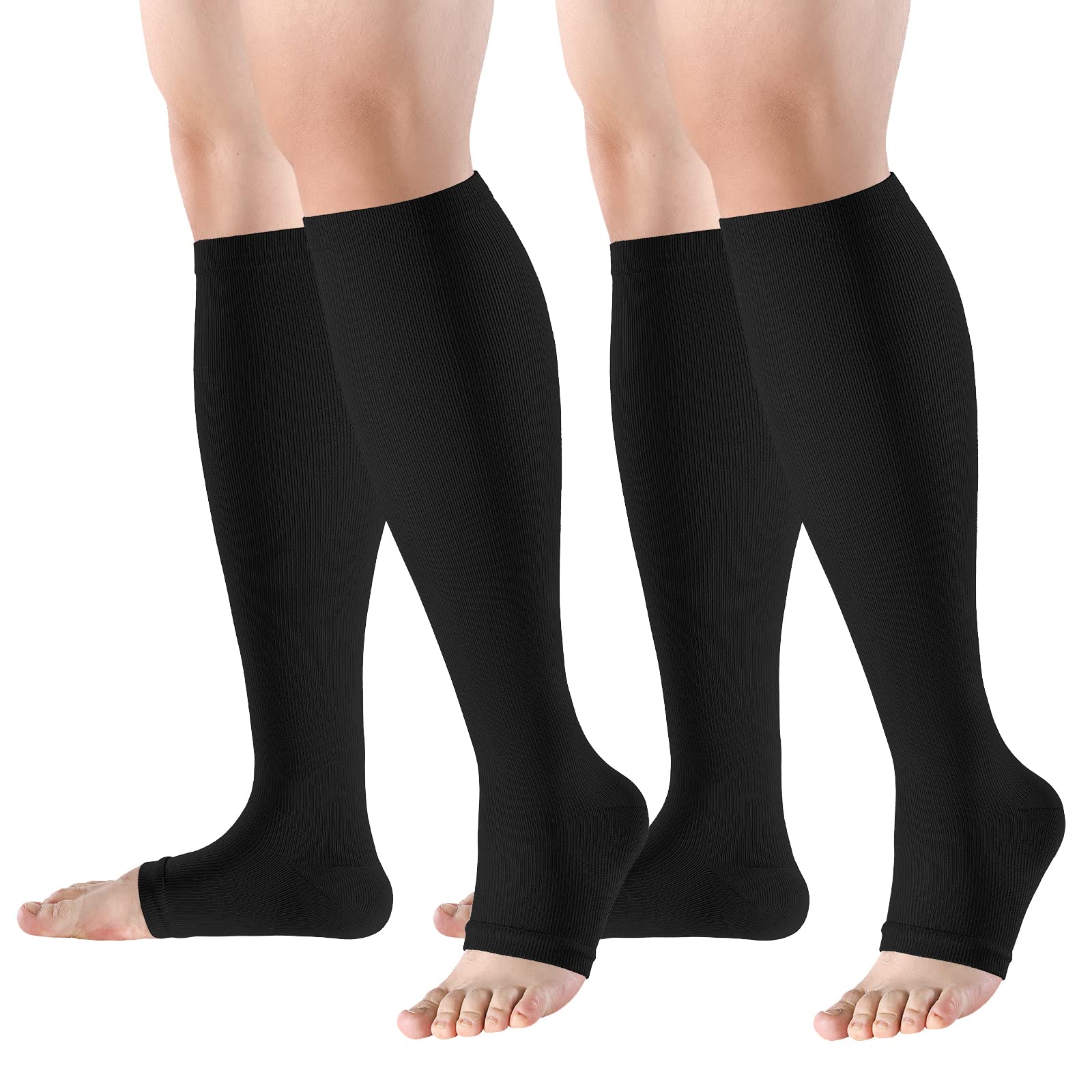 Bropite Open Toe Zipper Compression Socks - 2 Pairs Knee High Support Stockings for Walking, Running, Hiking & Sports - Ideal for Athletes, Travelers & Nurses