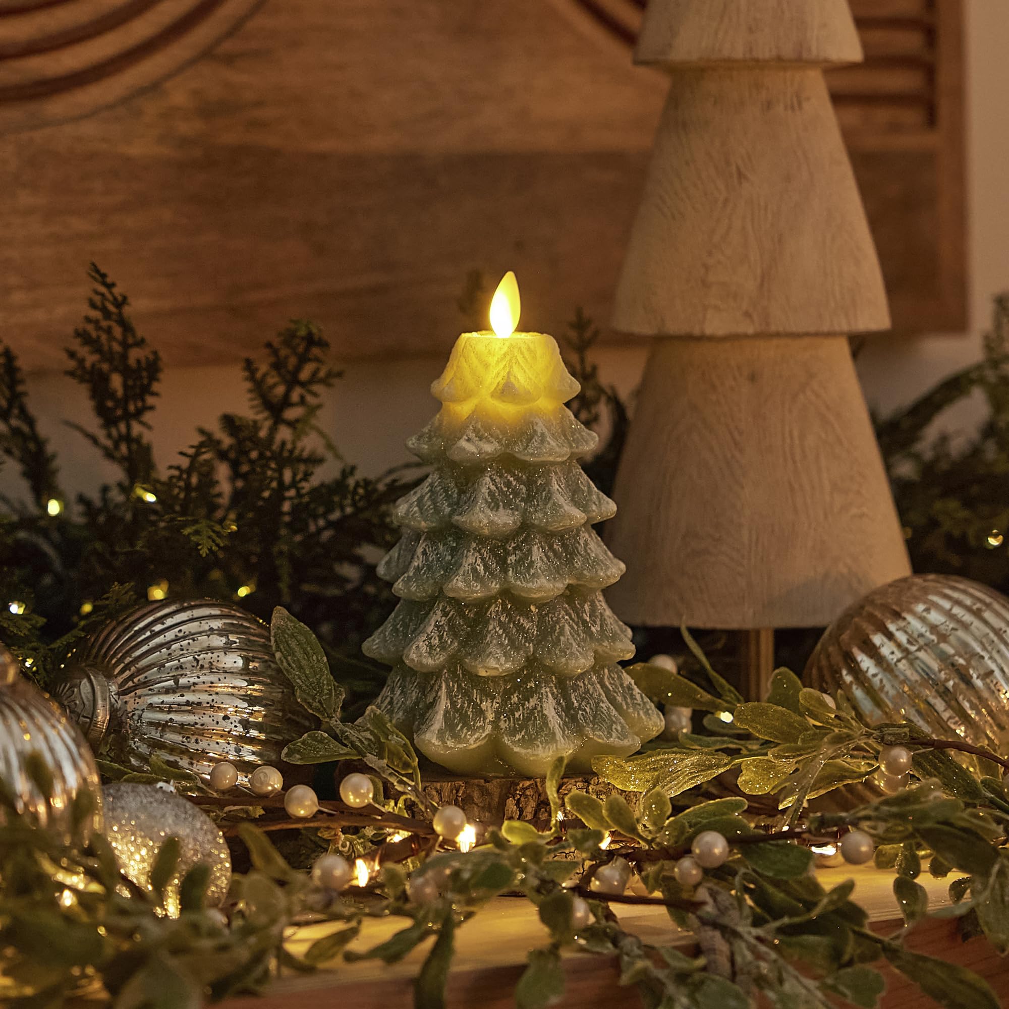 Luminara Flameless LED Candle - Christmas Tree Design with Glitter & Snow Finish, Battery-Operated Realistic Flickering Flame, Timer & Remote Control - 4.7x6.5 Inch Green Decorative Candle for Holiday Home Decor, Winter Weddings & Cozy Ambiance
