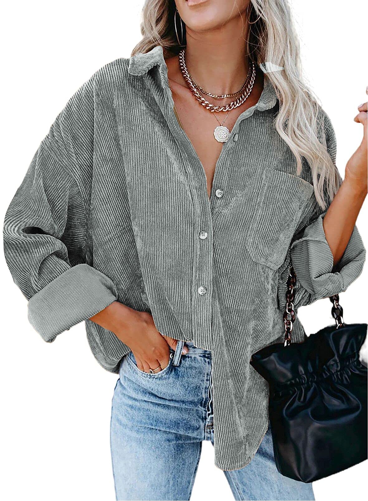 Stylish Women's Corduroy Button-Down Shirt - Casual Long Sleeve Blouse for Fall & Winter | Perfect for Office, Date Night & Weekend Outfits