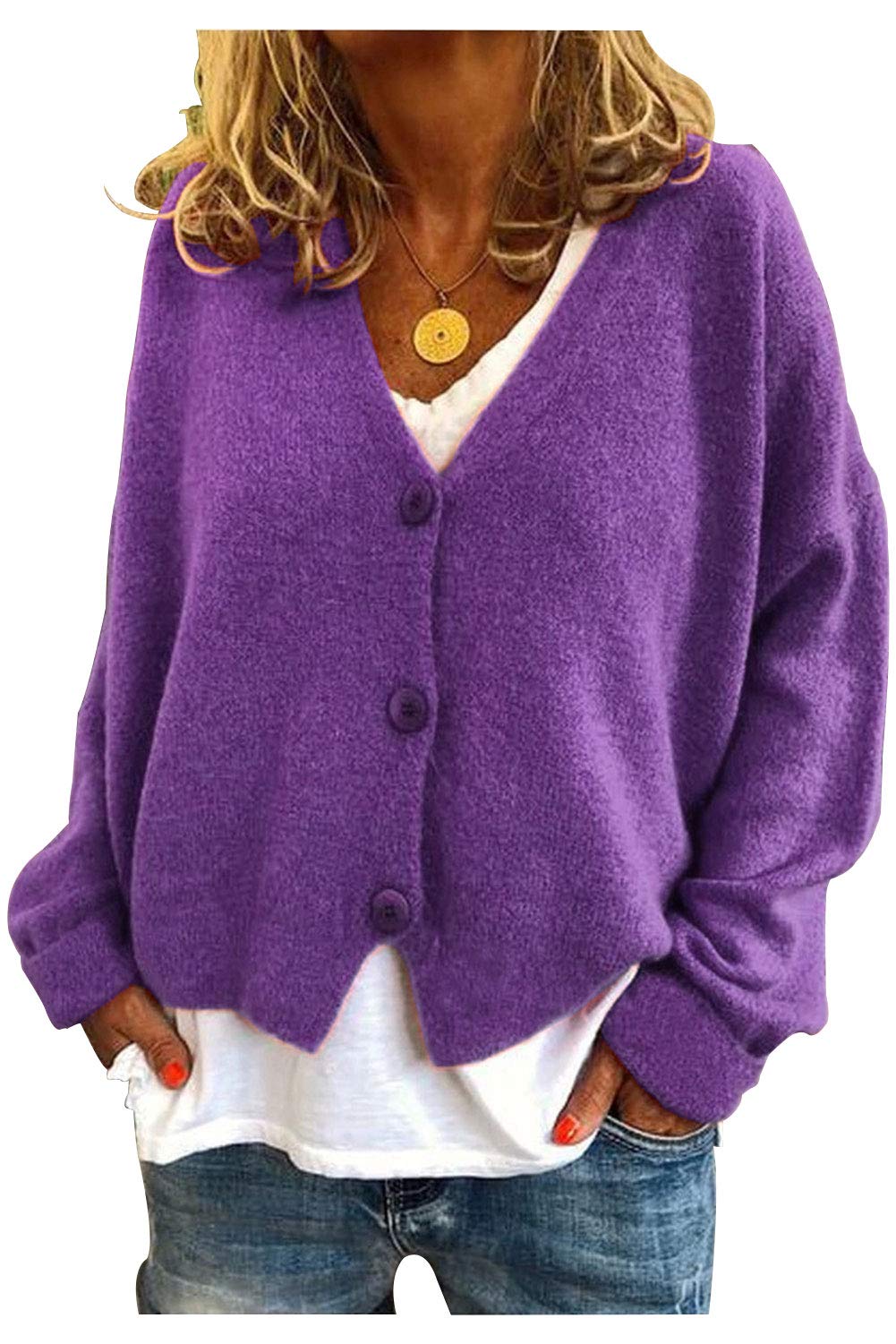 ASHER FASHION Women's Batwing Long Sleeve Button Down Knit Cardigan Sweater for Autumn Winter | Cozy Fall & Winter Layering Piece for Office, Date Night and Casual Outings