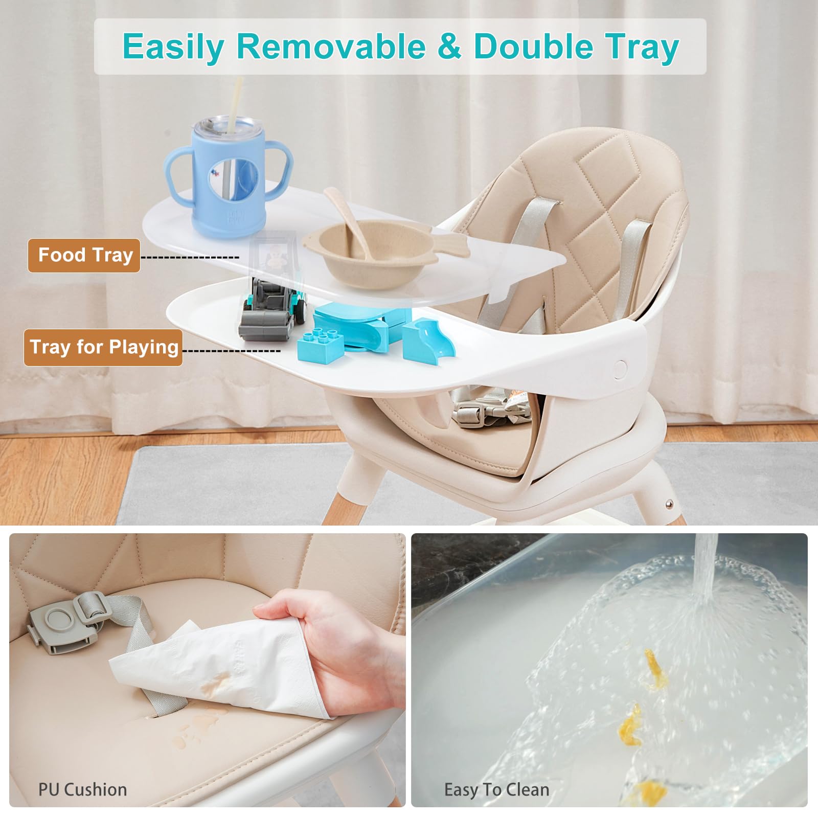 Komcot 6-in-1 Convertible Wooden Baby High Chair with Double Tray & Reversible Footrest - Adjustable Toddler Booster Seat with 5-Point Harness - Beige Baby Feeding Chair for Dining, Kitchen, and Travel Use