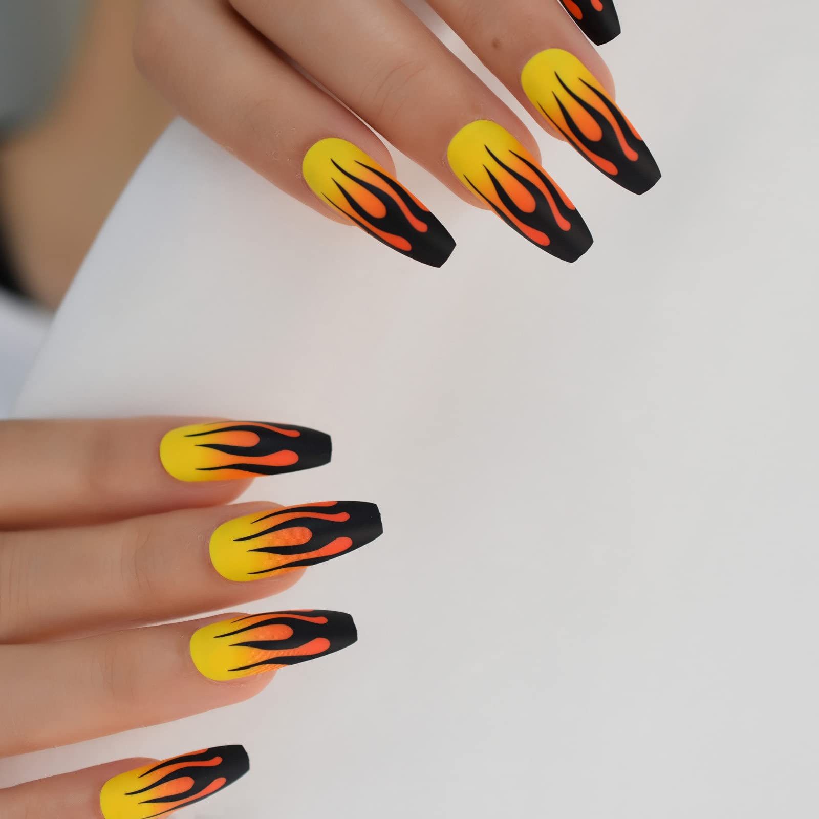 24 Extra Long Matte Flame Press On Nails - Yellow & Black Fire Coffin Fake Nails for Women | Full Cover Artificial Nails for Parties, Halloween, Cosplay & Special Occasions