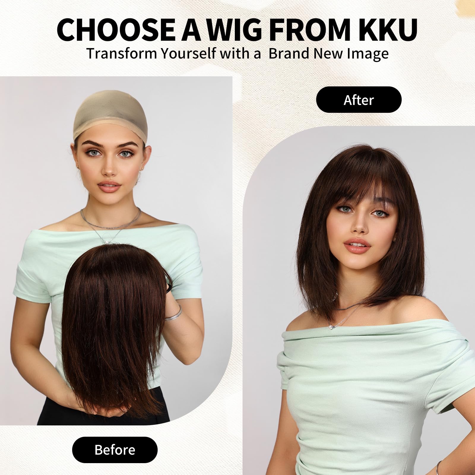 12 Inch Brown Mixed Blonde Human Hair Wigs for Women - Remy Brazilian Hair with Bangs - Natural Looking Wigs for Daily Wear, Cosplay & Special Occasions