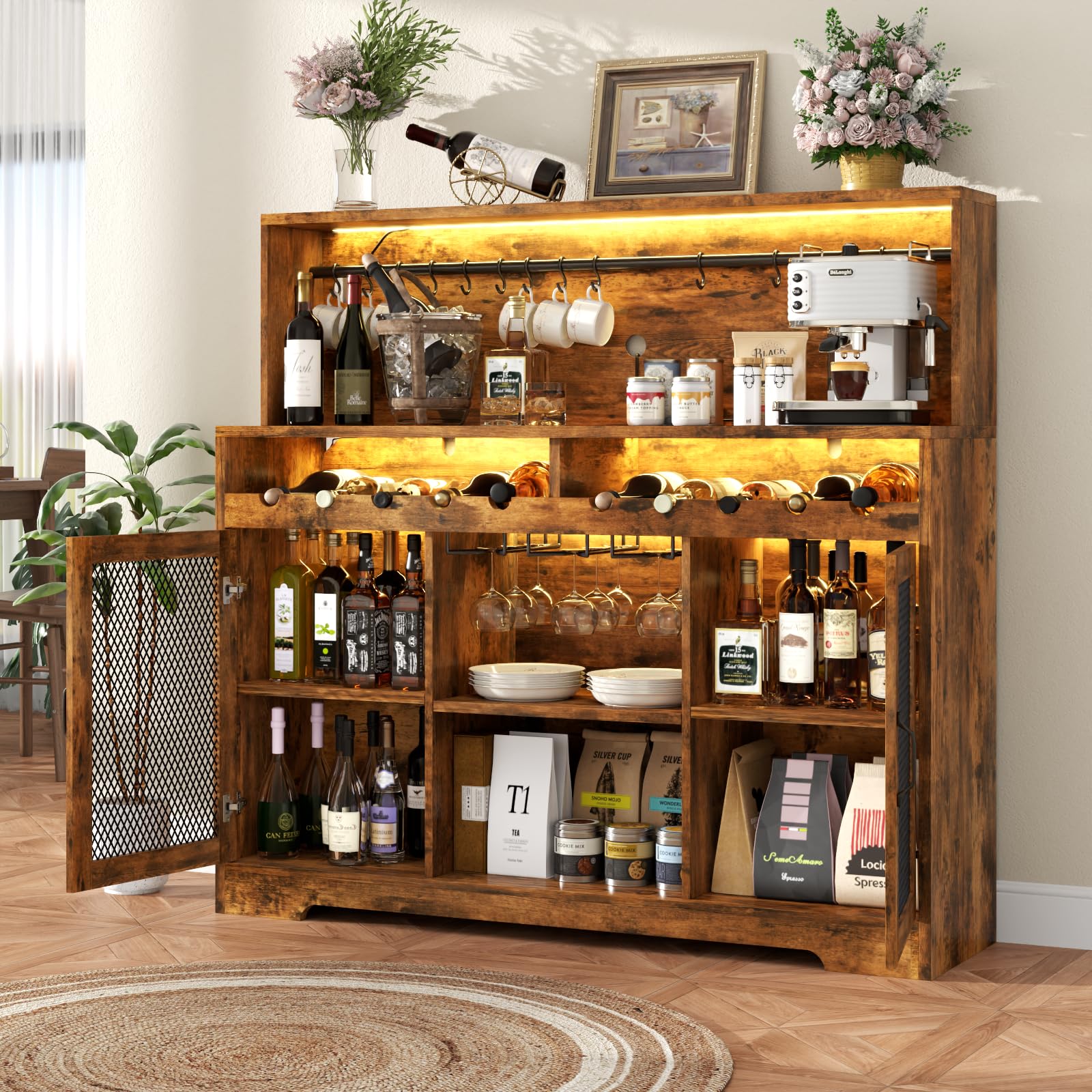 Rustic Wine Bar Cabinet with LED Lights & Glass Holder - Coffee & Liquor Storage Buffet Cabinet with Wine Racks & Mesh Door - Perfect for Home Bars, Dining Rooms & Entertaining Spaces