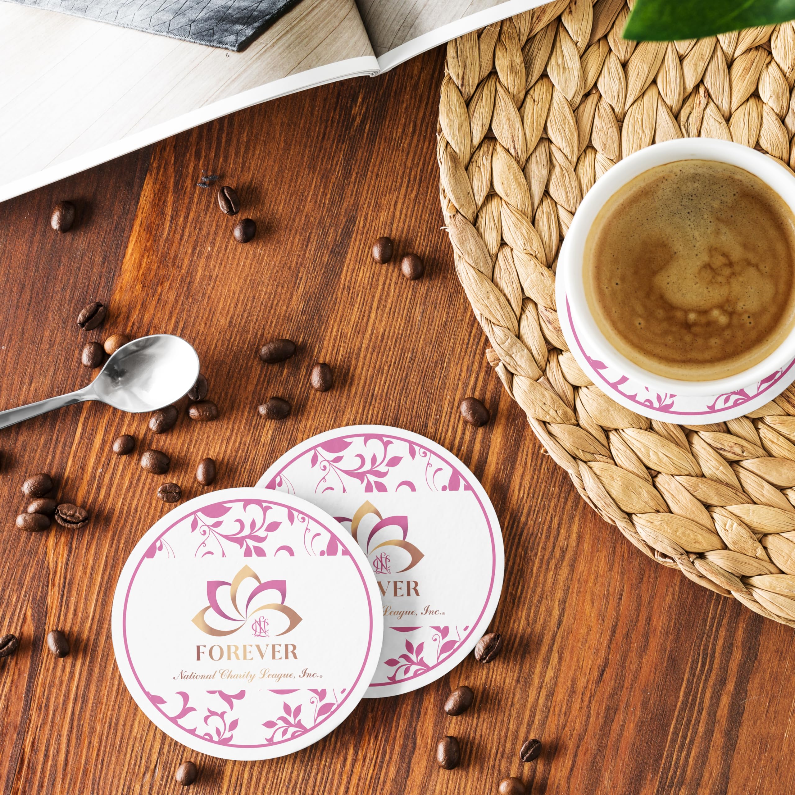National Charity League Cork-Backed Hardboard Drink Coasters - Set of 4 Round Beverage Protectors for Coffee Tables, Bars & Home Decor (NCL #6)