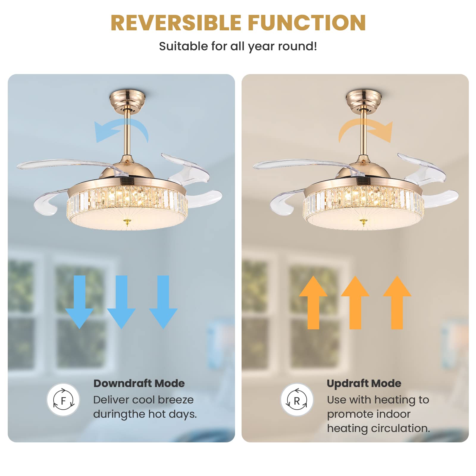 CROSSIO 42 Inch Crystal Ceiling Fan with Dimmable LED Lights - Remote Control Retractable Gold Chandelier Fan for Bedroom, Living Room & Dining Room | Modern Home Decor, Energy Efficient Cooling & Ambient Lighting Solution