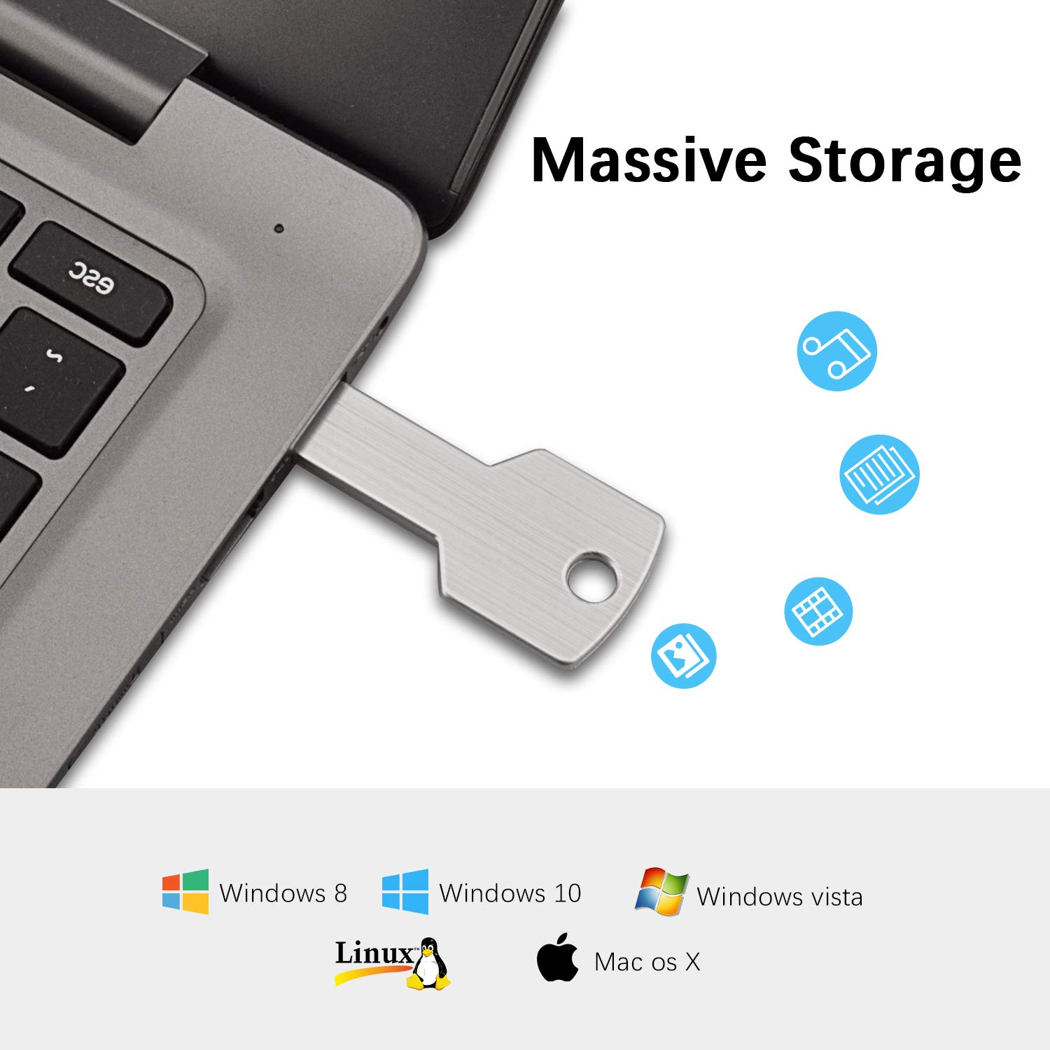 64GB Metal Key-Shaped USB 2.0 Flash Drive - Silver Thumb Drive Memory Stick for Data Storage & Transfer - Perfect for Keychains, Office Use & Digital File Backup