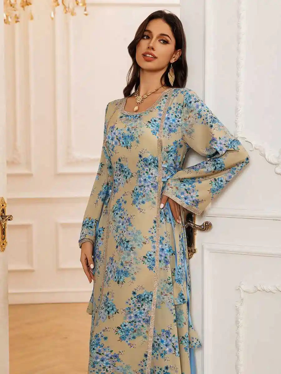 Floral Printed Eid Caftan Dress for Women - Elegant Long Kaftan with V-Neck & Flowy Sleeves #25441 | Perfect for Eid Celebrations, Summer Parties & Beach Cover-Ups