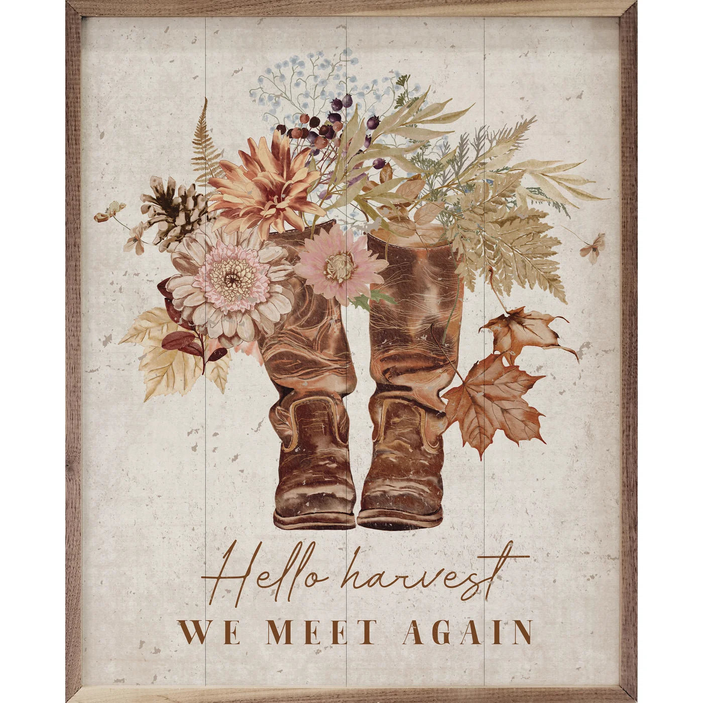 Hello Harvest We Meet Again Boots Whitewash Wood Framed Print - Rustic Farmhouse Wall Art Decor for Living Room, Bedroom & Office
