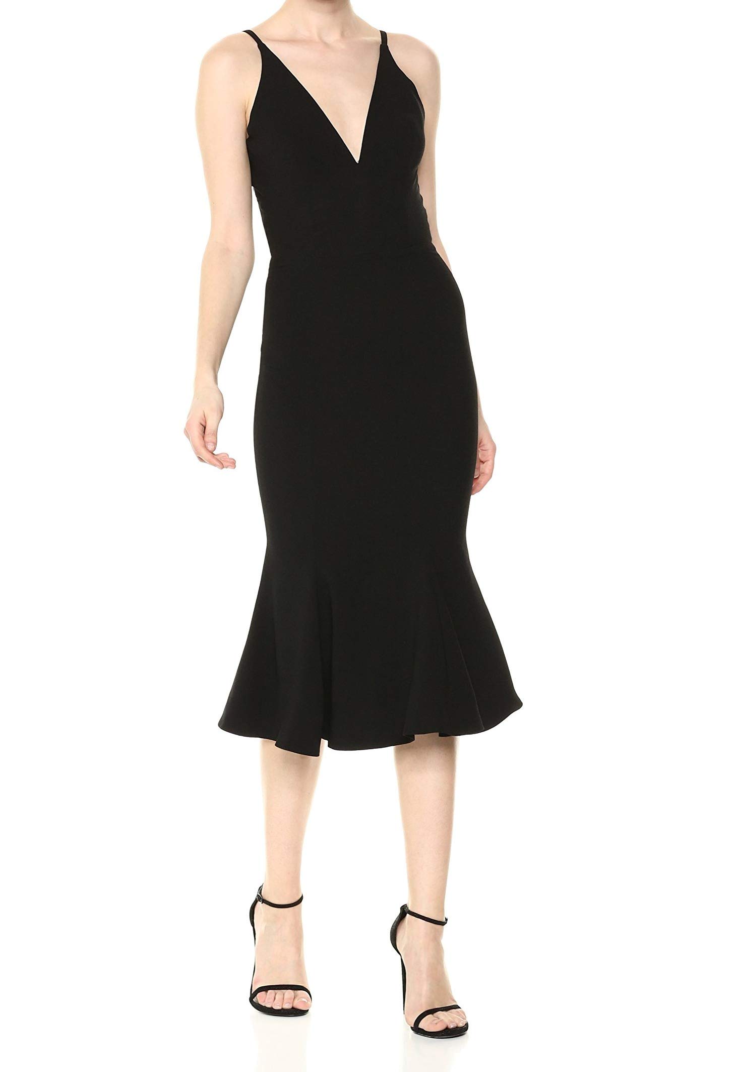 Dress the Population Women's Isabelle Plunging Spaghetti Strap Mermaid Fitted Midi Dress - Elegant Evening Gown for Parties, Weddings & Special Occasions
