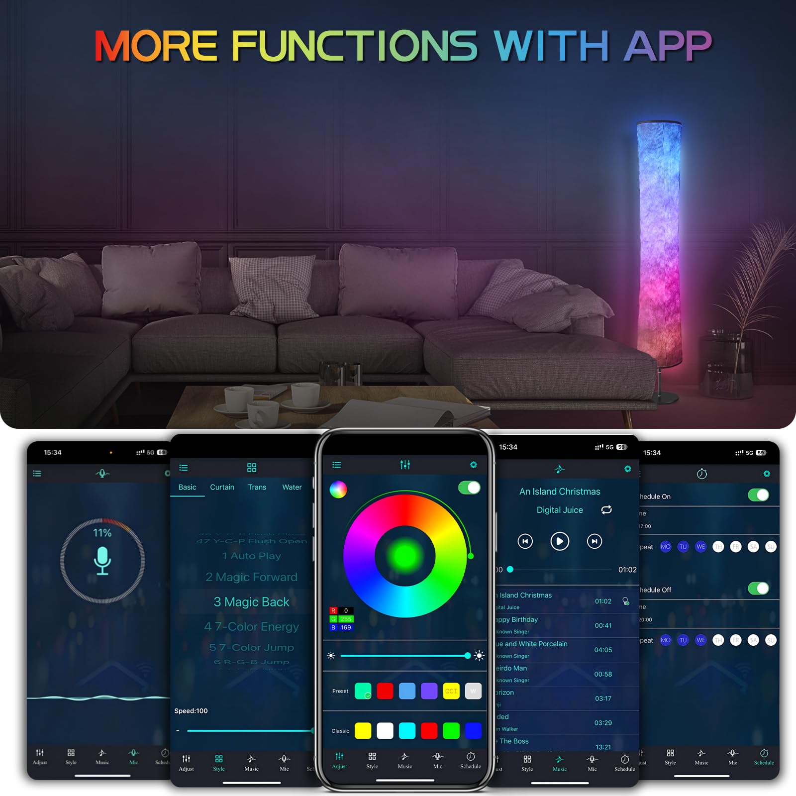 Smart RGB Color Changing LED Floor Lamp with Alexa & App Control - DIY Mode, Music Sync, White Fabric Shade - Modern Standing Light for Living Room, Bedroom, Gaming Room & Home Theater Ambiance