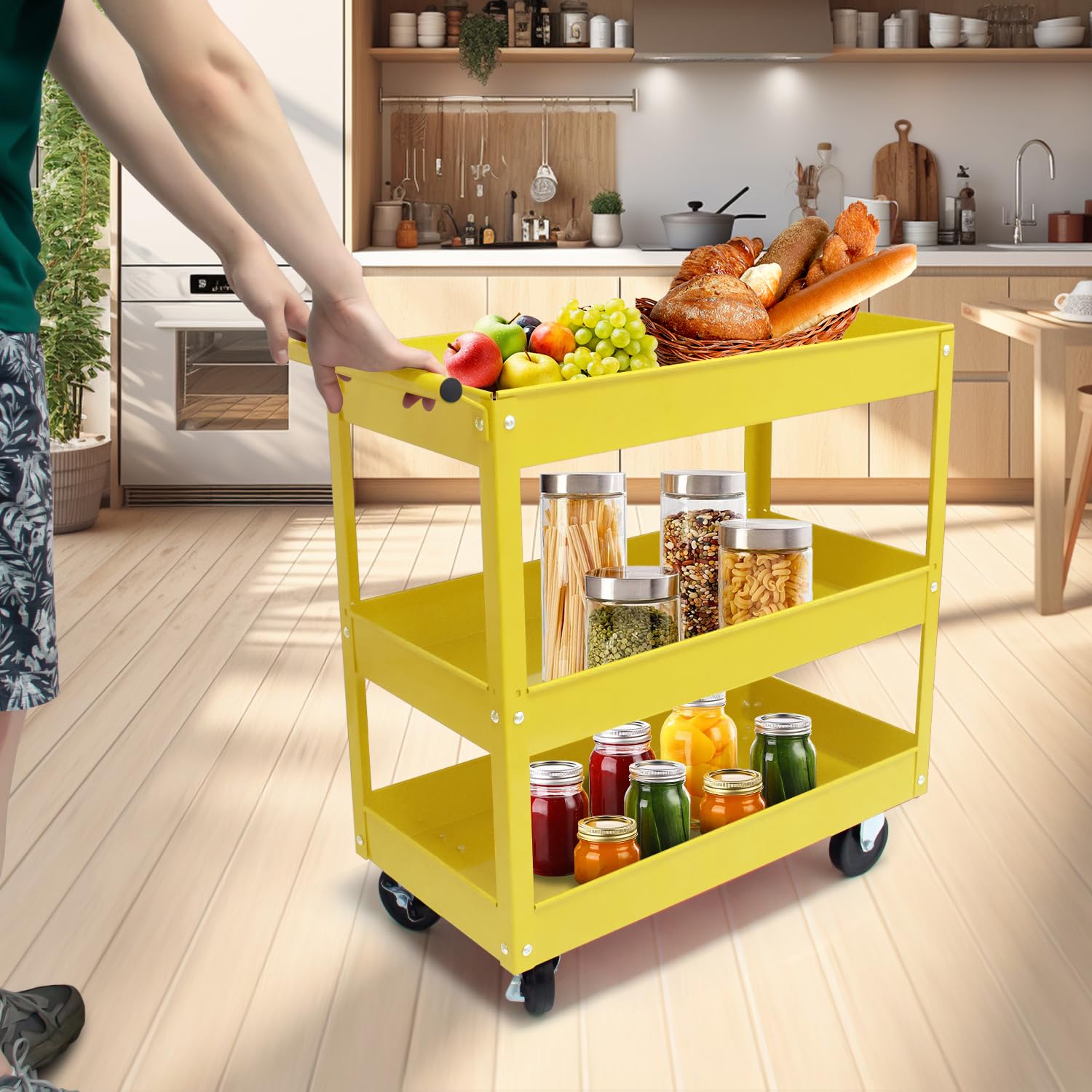 30in Large Steel Service Cart with Wheels - Heavy Duty 3-Tier Metal Utility Cart - 400 lbs Capacity Rolling Tool Cart for Workshop, Garage & Industrial Use - Yellow