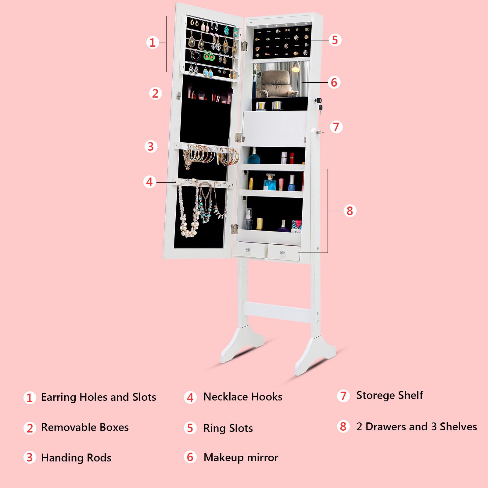Goujxcy 6 LED Jewelry Organizer - Wooden Standing Jewelry Cabinet with Full-Length Mirror, Large Lockable Storage & LED Lights - Perfect for Bedroom, Closet & Dressing Room (White)