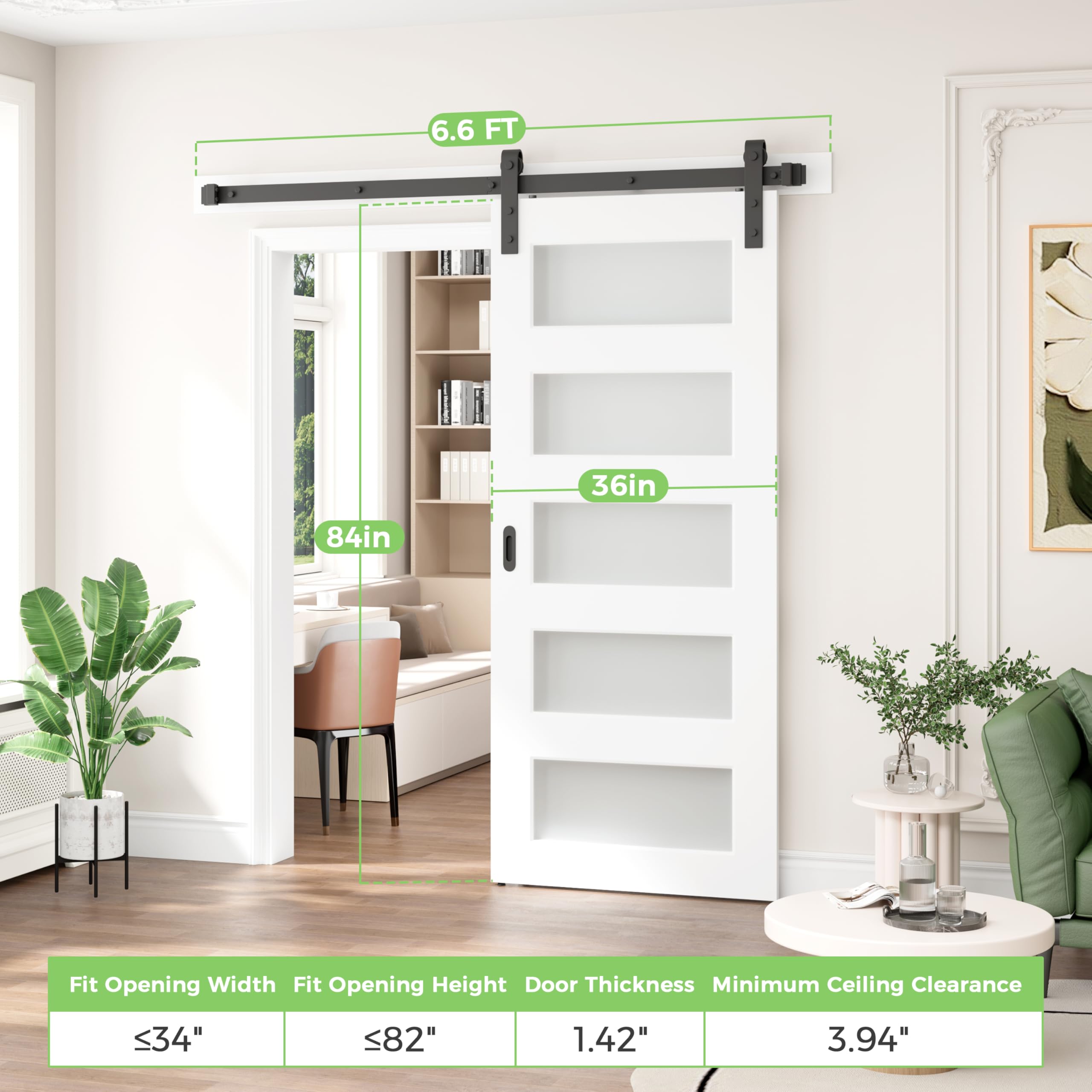 DELAVIN 36 x 84 Inch Frosted Glass Sliding Barn Door with 6.6FT Hardware Kit - 5 Panel Waterproof PVC Coating, Double-Sided Interior Handles - Perfect for Bedroom, Bathroom & Closet Privacy (White)