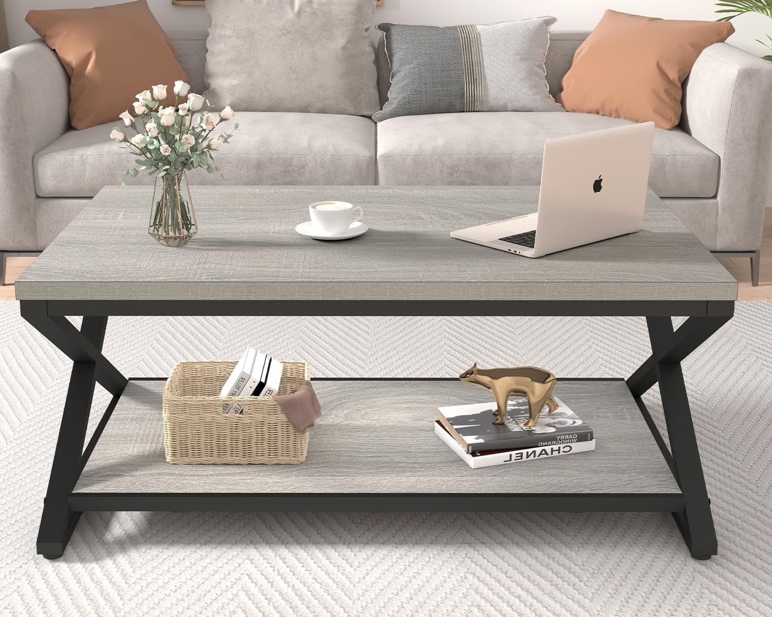 HSH Rustic Grey Coffee Table - Modern Minimalist 2-Tier Living Room Table with Storage Shelf, Industrial Style Metal & Wood Center Table for Home, Office, Bedroom - 39 Inch Rectangle Cocktail Tea Table - Perfect for Small Spaces, Entertaining Guests, and Stylish Home Decor