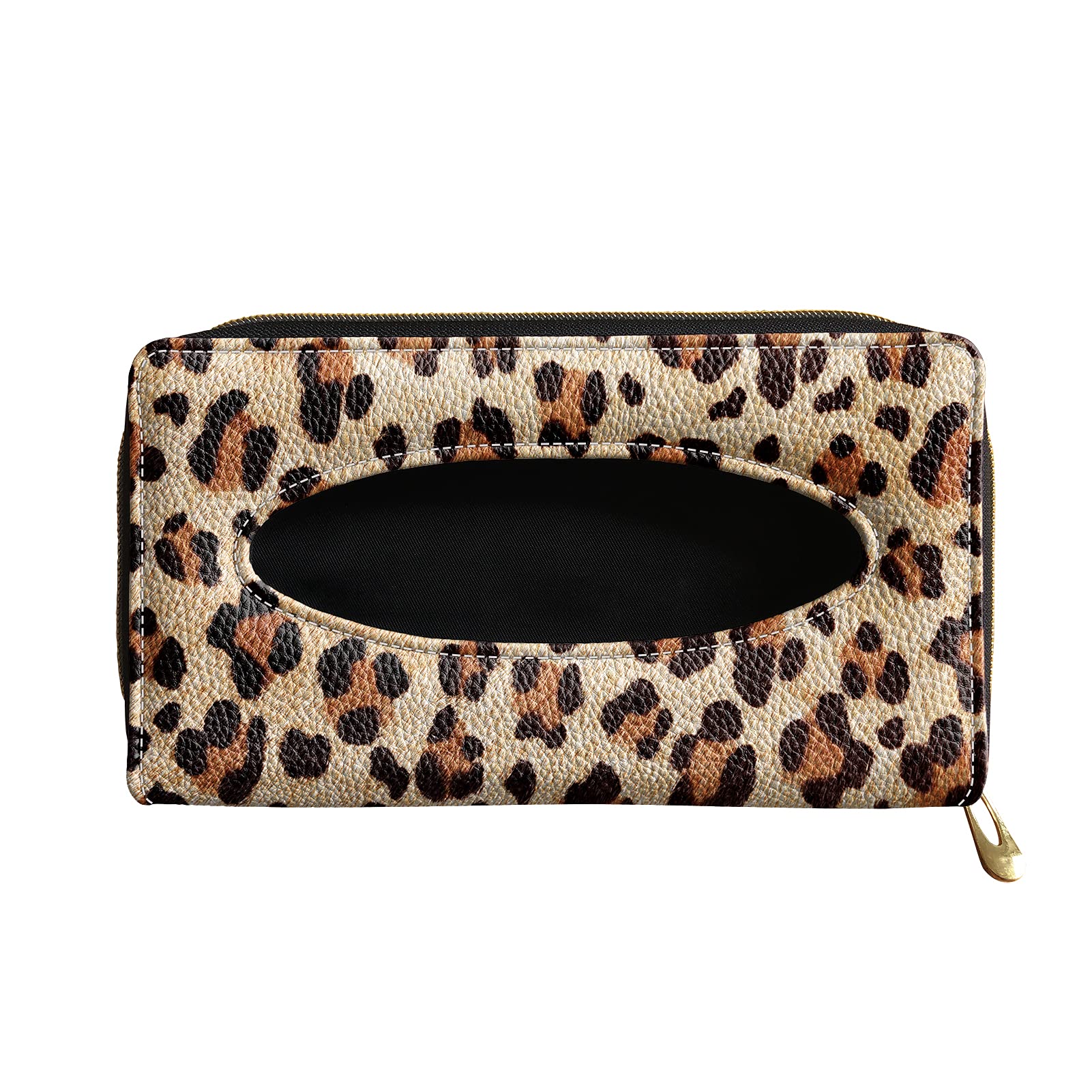 Biyejit Car Tissue Holder - Leopard Print PU Leather Hanging Paper Towel Box, Auto Napkin Holder Cover for Sun Visor & Backseat | Vehicle Tissue Dispenser for Road Trips & Daily Commute
