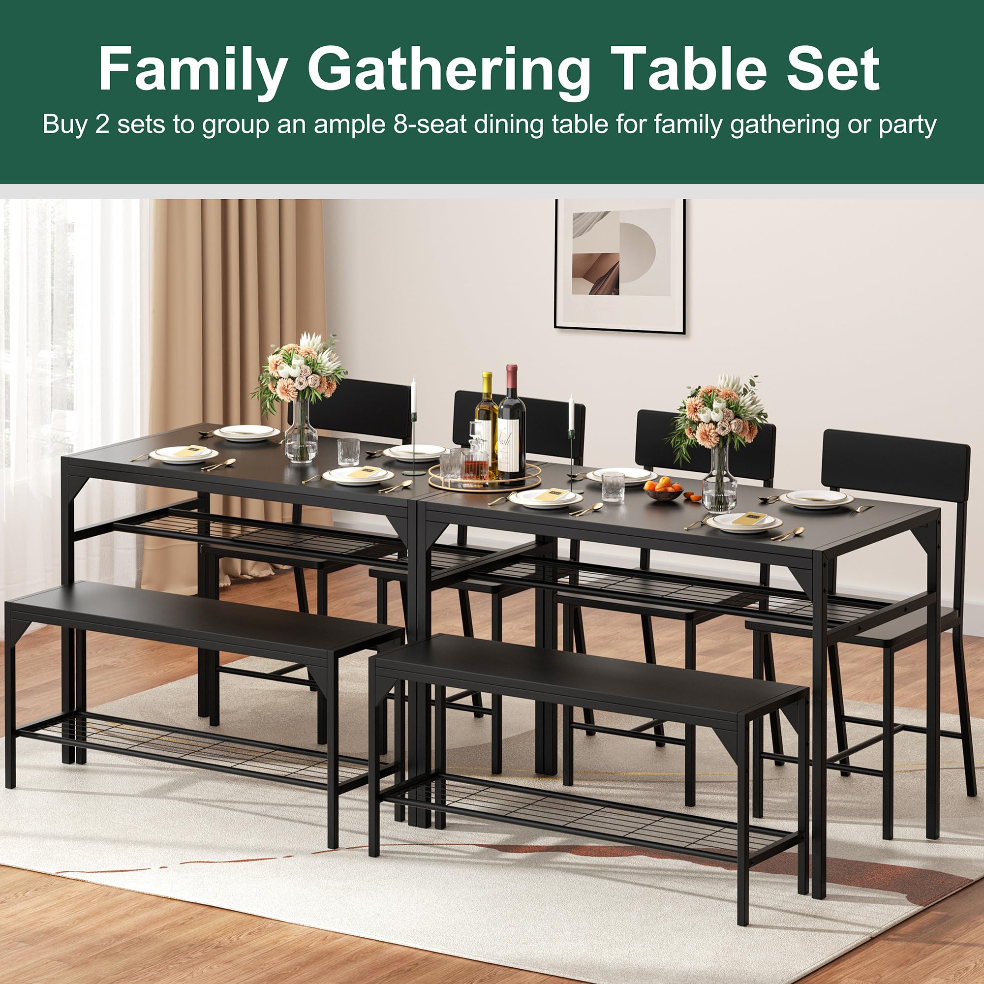 Shintenchi 4-Piece Kitchen Dining Set with Table, Bench, Chairs & Storage Rack - Space-Saving Metal Frame Design for Small Apartments - Perfect for Breakfast Nooks, Compact Kitchens and Cozy Dining Areas (Black)