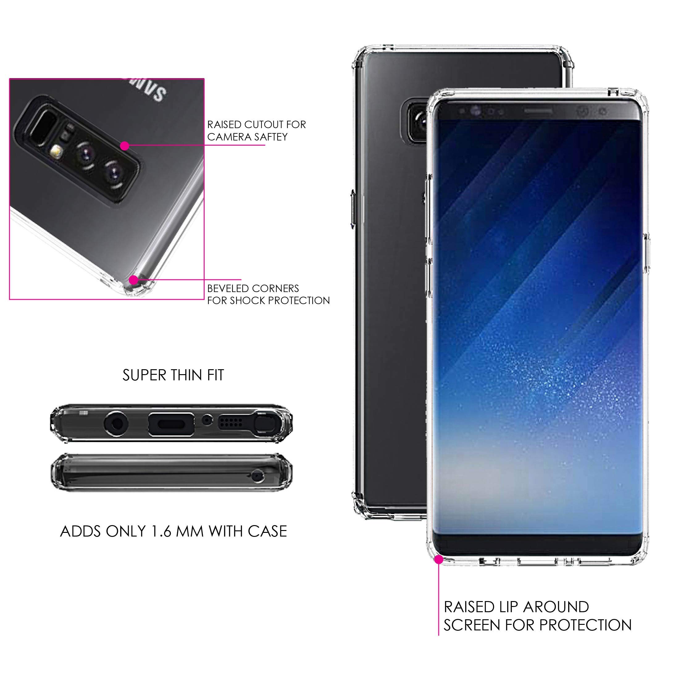 Shockproof Clear Hybrid Case for Samsung Galaxy Note 8 (6.3 Inch) - TPU Bumper & Acrylic Back with Tempered Glass Screen Protector - 6-Pack Set - Perfect for Work, Travel, and Everyday Protection