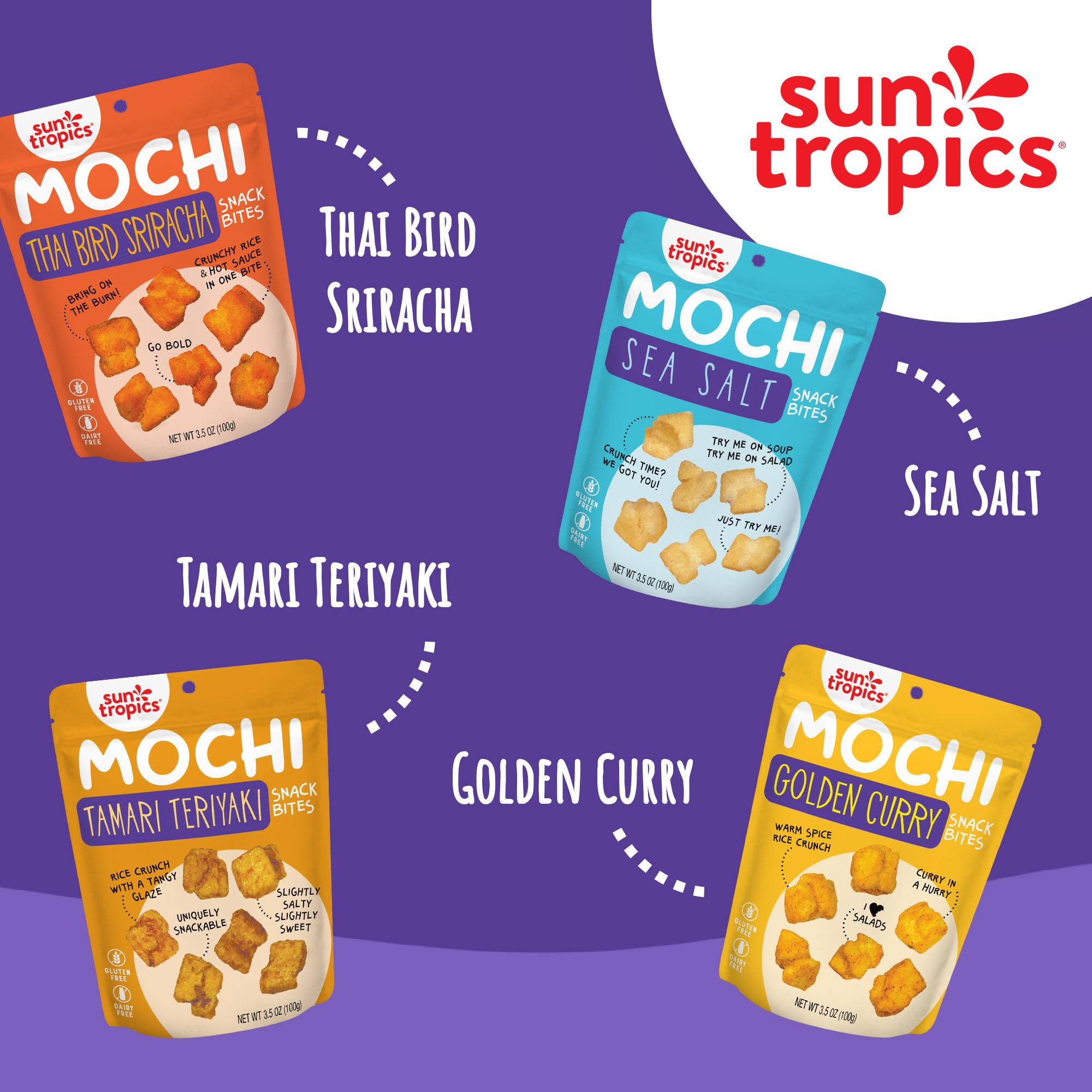 Sun Tropics Mochi Snack Bites Variety Pack - 3.5oz (6 Pack) | Crunchy Gluten Free & Dairy Free Asian Rice Snacks | No MSG | Perfect for Lunchboxes, Office Snacks & On-the-Go Treats