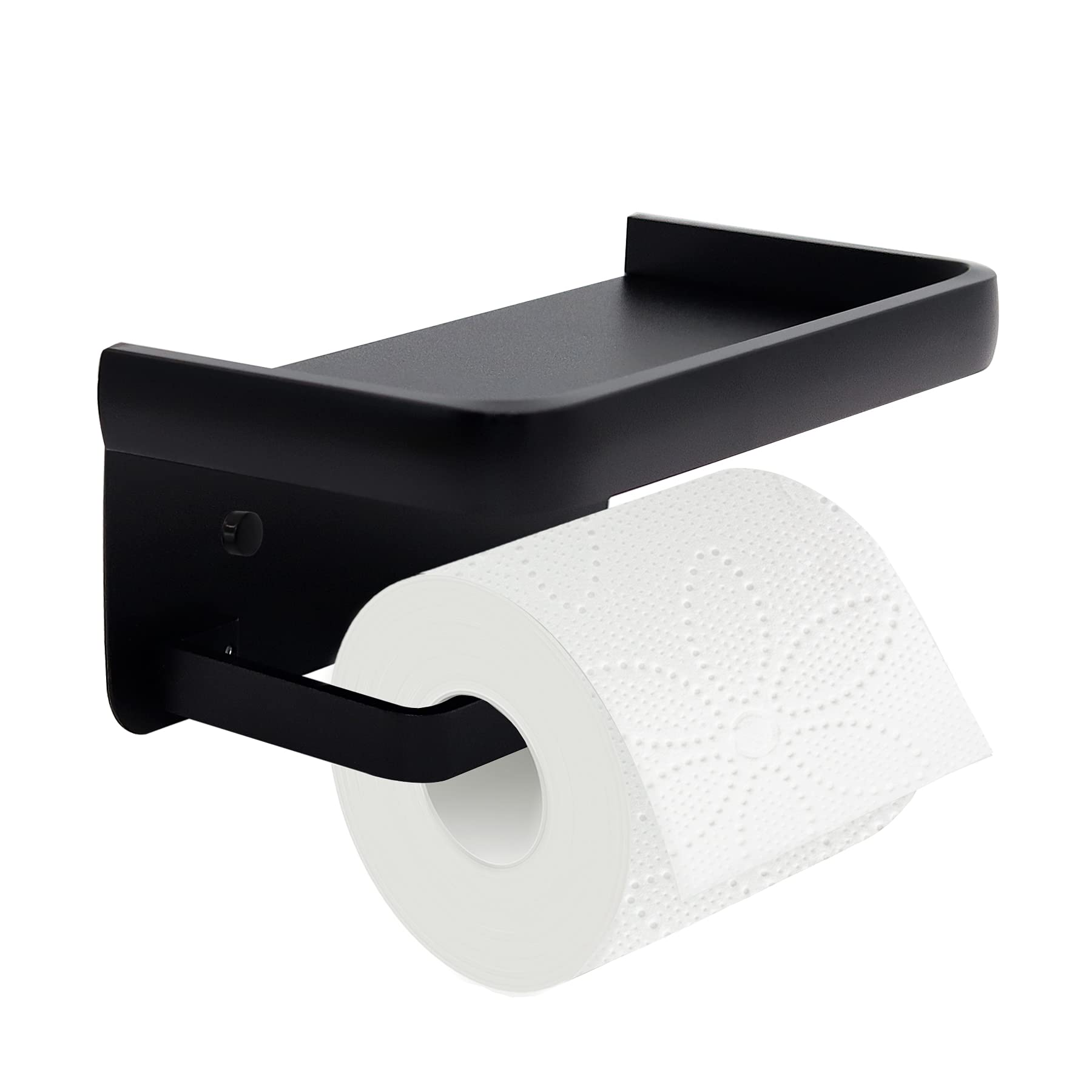 Modern Matte Black Toilet Paper Holder with Shelf - Wall Mount & Adhesive SUS 304 Stainless Steel Bathroom Tissue Dispenser - Perfect for Small Spaces, Apartments & Modern Bathroom Decor