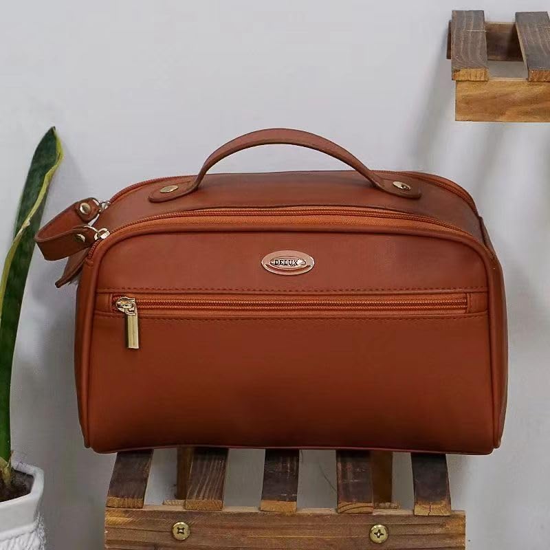 PU Leather Double Zipper Makeup Bag for Women - Waterproof Cosmetic & Toiletries Travel Organizer (Brown) | Perfect for Travel, Gym, and Daily Essentials Storage
