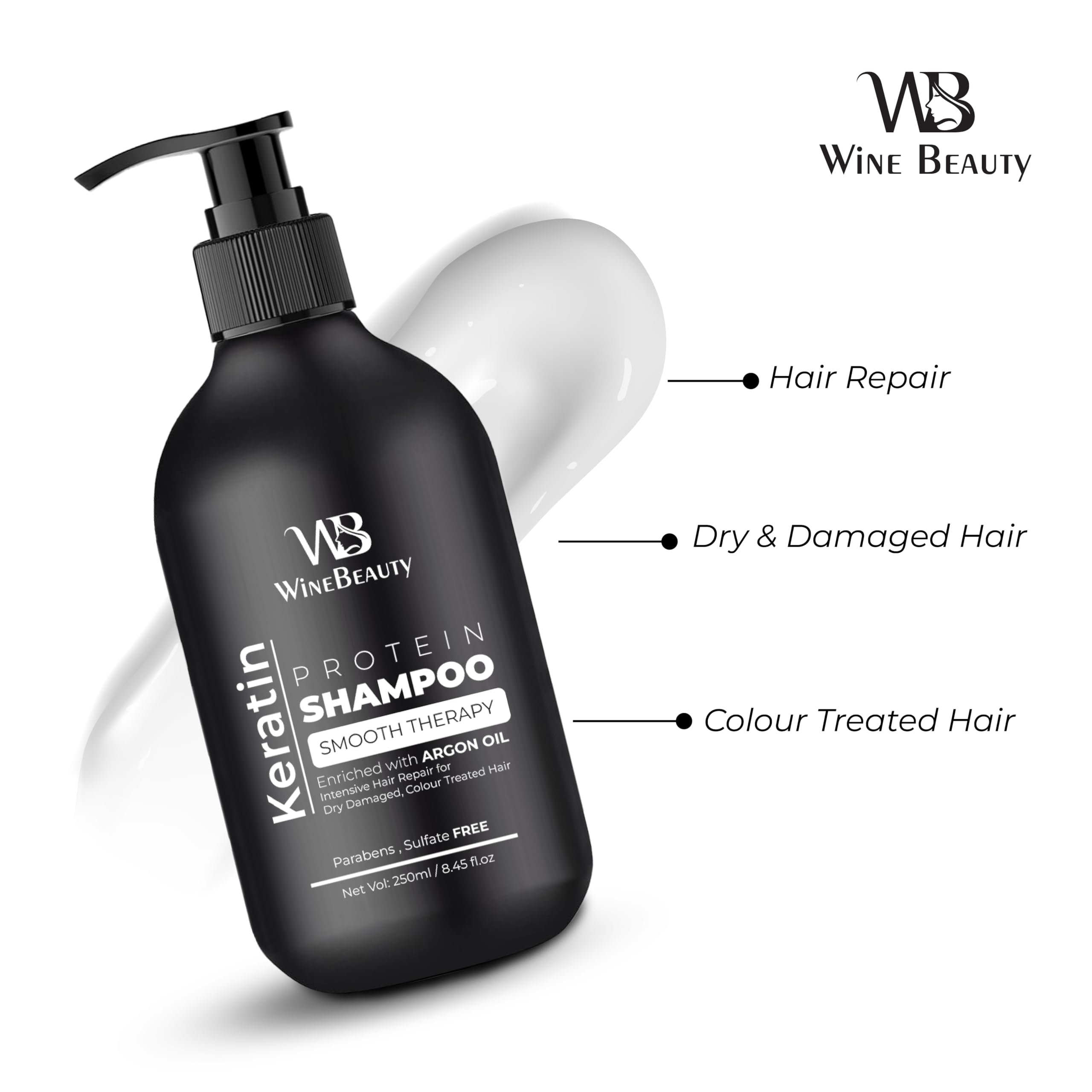 WineBeauty Repair Remedy Sulfate & Paraben Free Shampoo with Keratin & Argan Oil - 250ml | Damaged Hair Treatment for Dry, Frizzy Hair | Salon Quality Hair Care for Women & Men