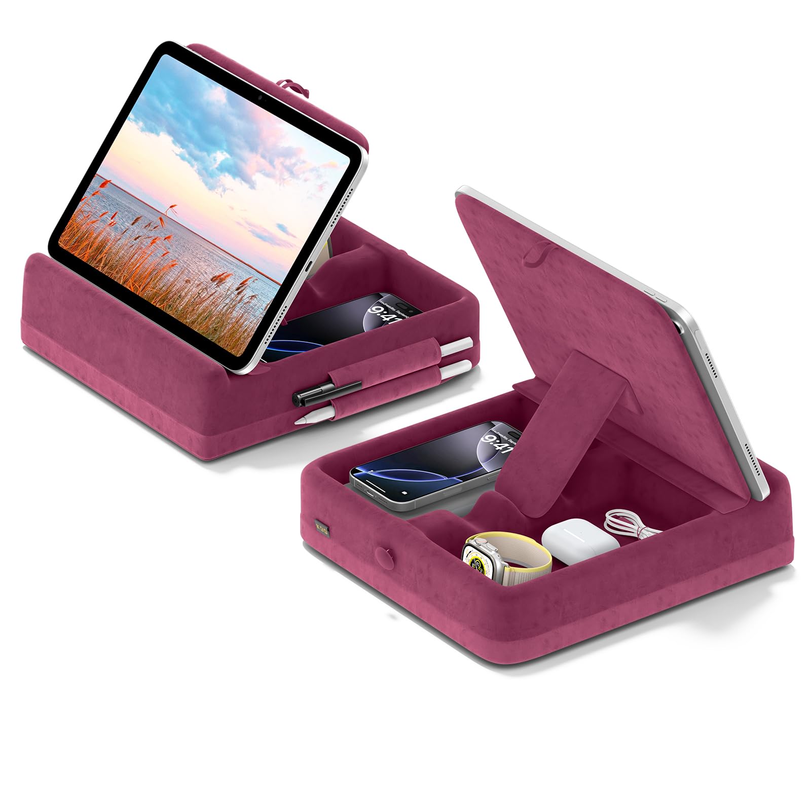 Foldable Tablet Pillow Stand with Storage - Adjustable Angle iPad Holder for Lap, Desk & Bed - Soft Pad Dock with Stylus Mount - Compatible with iPad Pro/Air/Mini, Kindle, Samsung Tablets & Phones (4-13