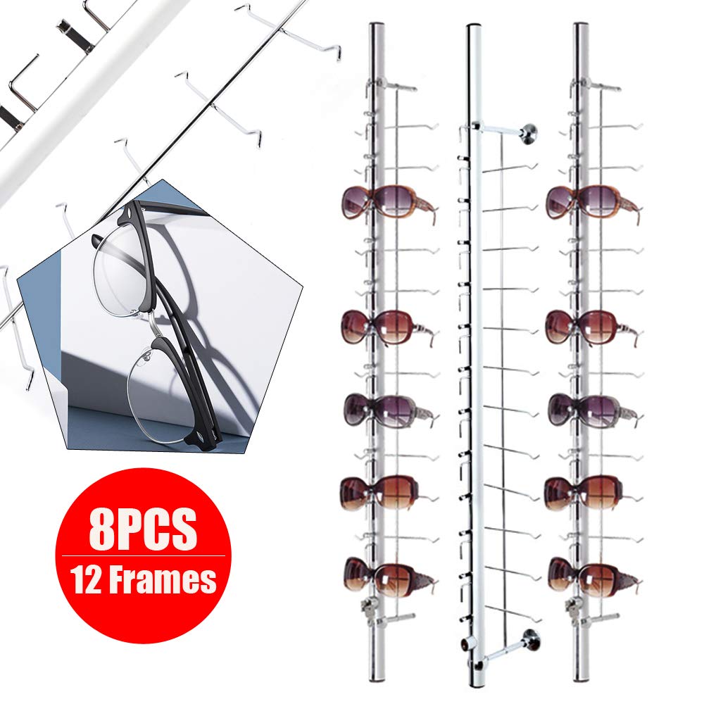 8 Pack Lockable Aluminum Sunglasses Display Stand - Holds 12 Pairs of Eyeglasses per Rod | Durable Eyewear Organizer for Retail Stores, Optical Shops & Boutique Displays