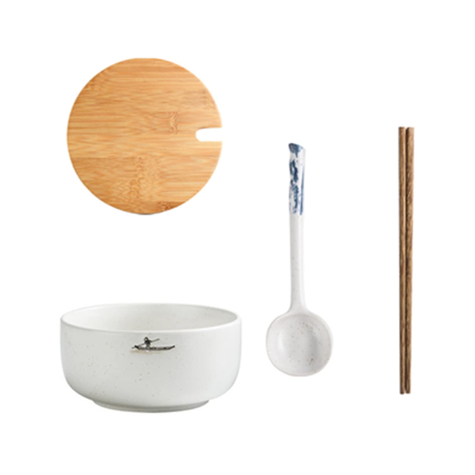 Japanese Vintage Ramen Bowl Set with Bamboo Lid - 6 Inch Ceramic Soup Bowl for Ramen, Pho, Soba, Rice & Salad (30oz, Dishwasher Safe) | Includes Matching Chopsticks & Spoon | Perfect for Asian Cuisine, Home Dining & Restaurant Use (Color: B)