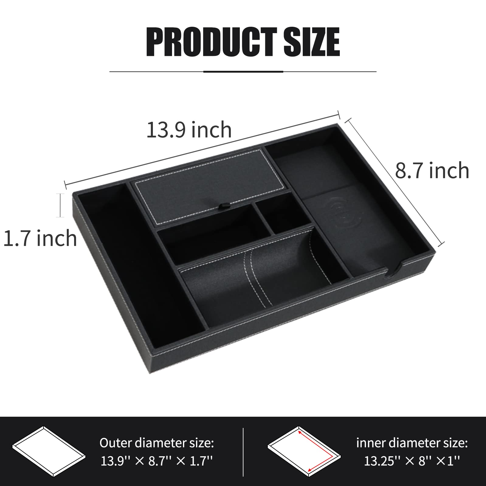 SANZIE Large Leather Tray with Wireless Charger - Nightstand Organizer for Phone, Wallet, Keys, Jewelry | Premium Black Leather Desktop Organizer for Bedroom, Office & Travel Accessories Storage
