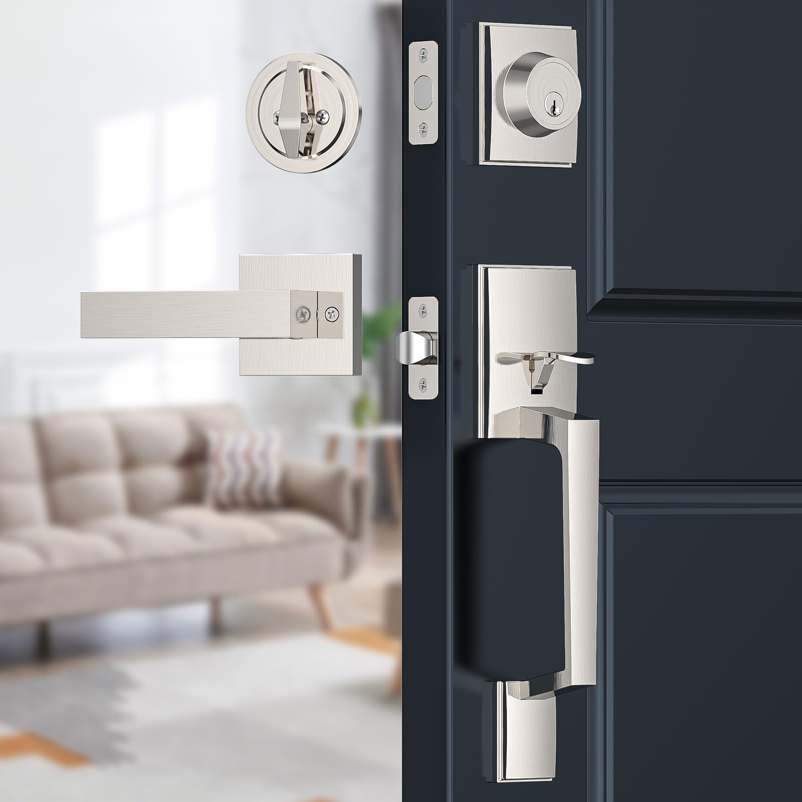 Brightify Satin Nickel Front Door Handle Set - Adjustable Deadbolt Lock with Single Cylinder, Reversible for Right & Left Hand Doors - Ideal for Home Entry, Office, and Apartment Security