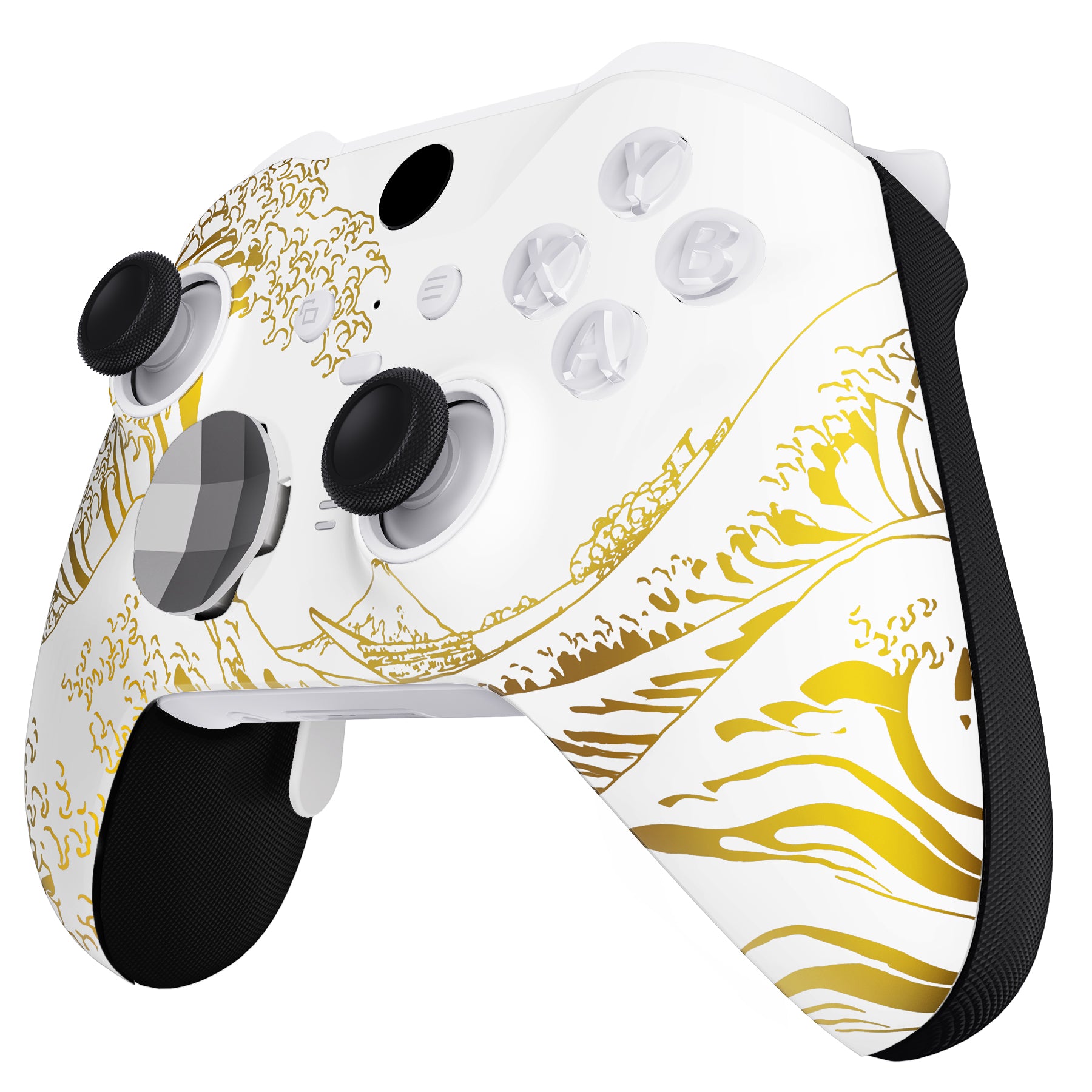 eXtremeRate Golden Wave Off Kanagawa White Replacement Front Housing Shell Case with Thumbstick Accent Rings for Xbox One Elite Series 2 Controller Model 1797 (ELT155) - Premium Custom Gaming Shell for Enhanced Aesthetics & Durability - Perfect for Gamers & Collectors