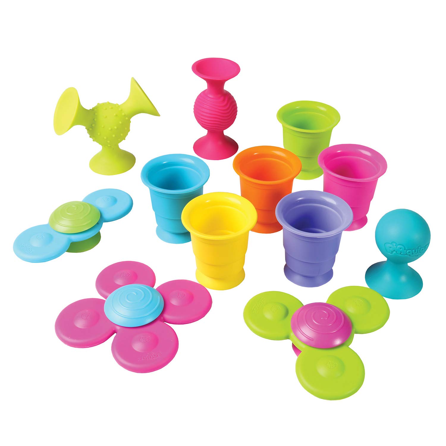 Fat Brain Toys Pipsquigz Whirly-Squigz Suction-Kupz Set - 12 Piece BPA-Free Silicone Early Learning Toys for Toddlers - Includes 6 Stacking Cups, 3 Sensory Fidget Spinners & 3 Whirly Squigz in Zippered Case - Perfect for Montessori, Preschool & Sensory Play at Home or Classroom