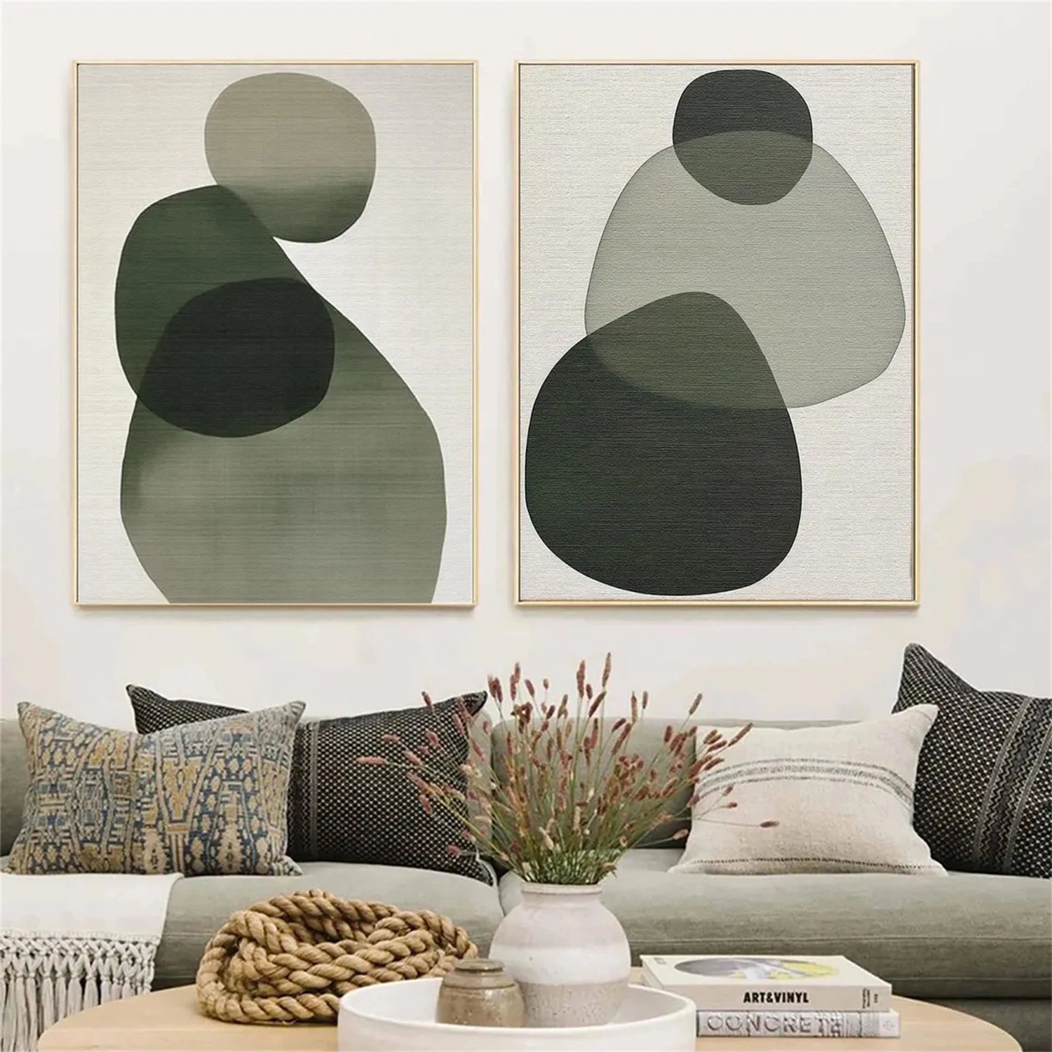 Abstract Wall Art Set of 2 - Blue & Green Modern Canvas Paintings for Living Room, Bedroom & Office Decor #BG088