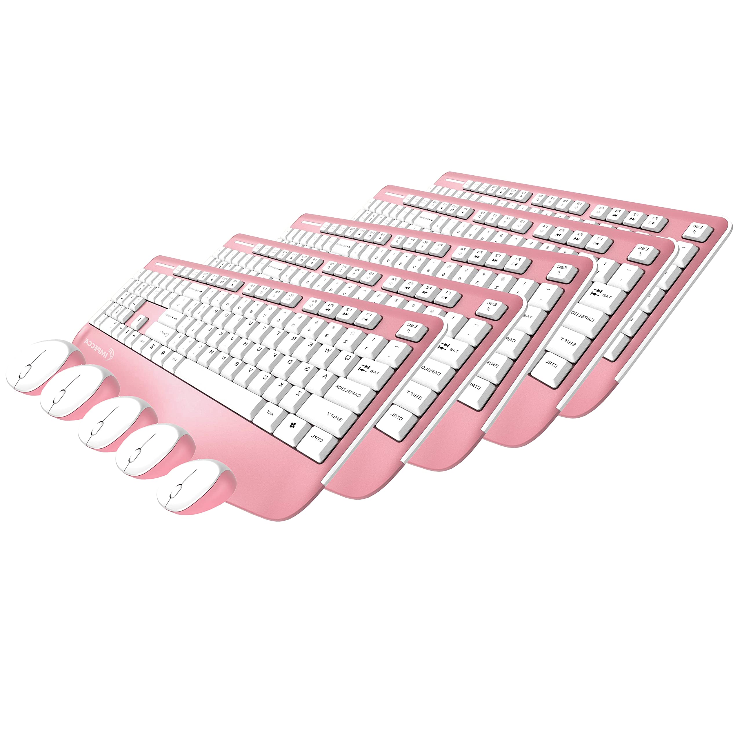 Impecca Pink Wireless Keyboard and Mouse Combo with Palm Rest - Full-Sized Ergonomic Keyboard, Spill Resistant & Adjustable Angle - Compatible with Windows/Mac OS, Desktop & Laptop (5-Pack) - Perfect for Office, Home & Gaming Setup