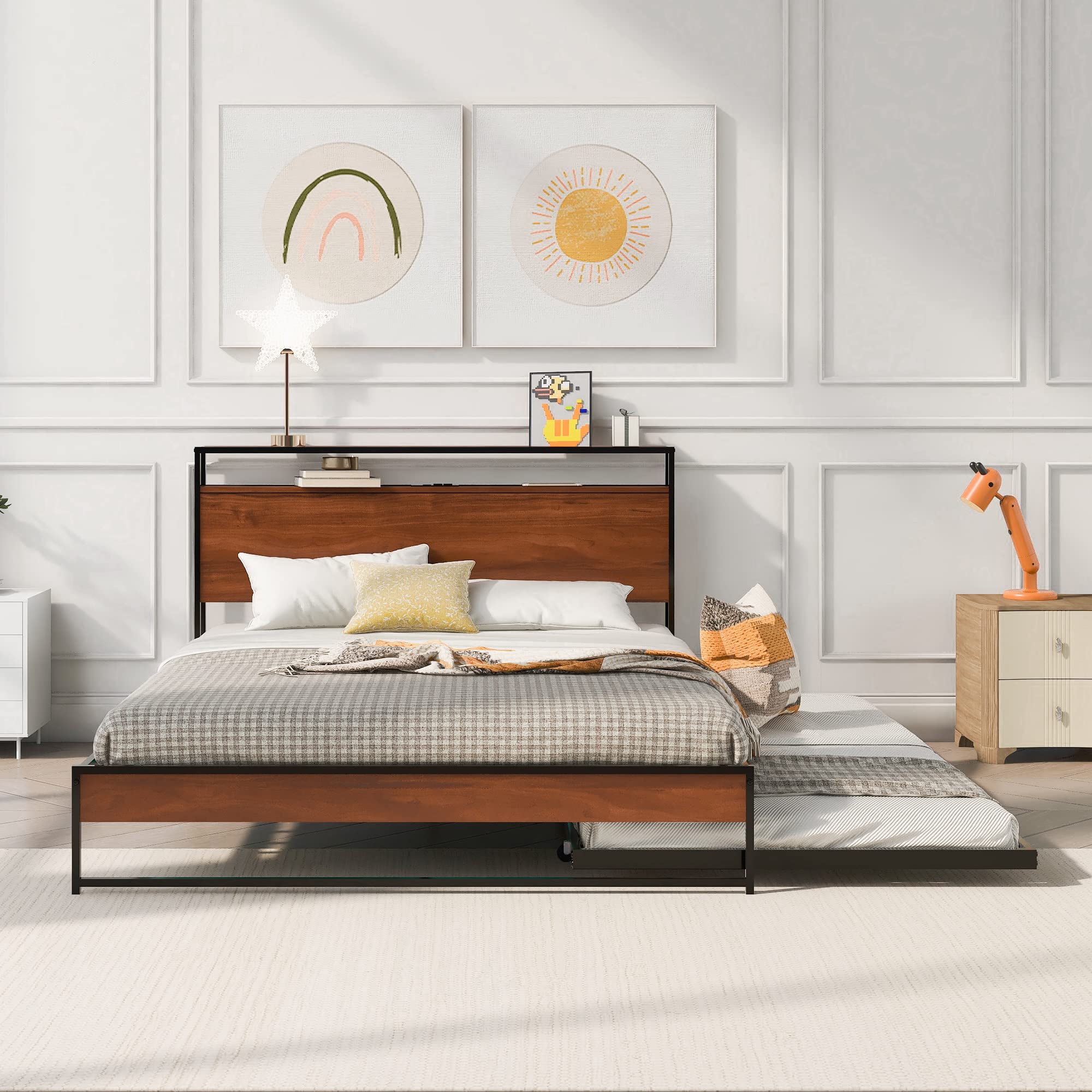 SOFTSEA Queen Size Metal Platform Bed Frame with Trundle & USB Ports - Storage Headboard with Shelf - Black Modern Bed for Bedroom & Guest Room - Perfect for Small Spaces & Overnight Guests