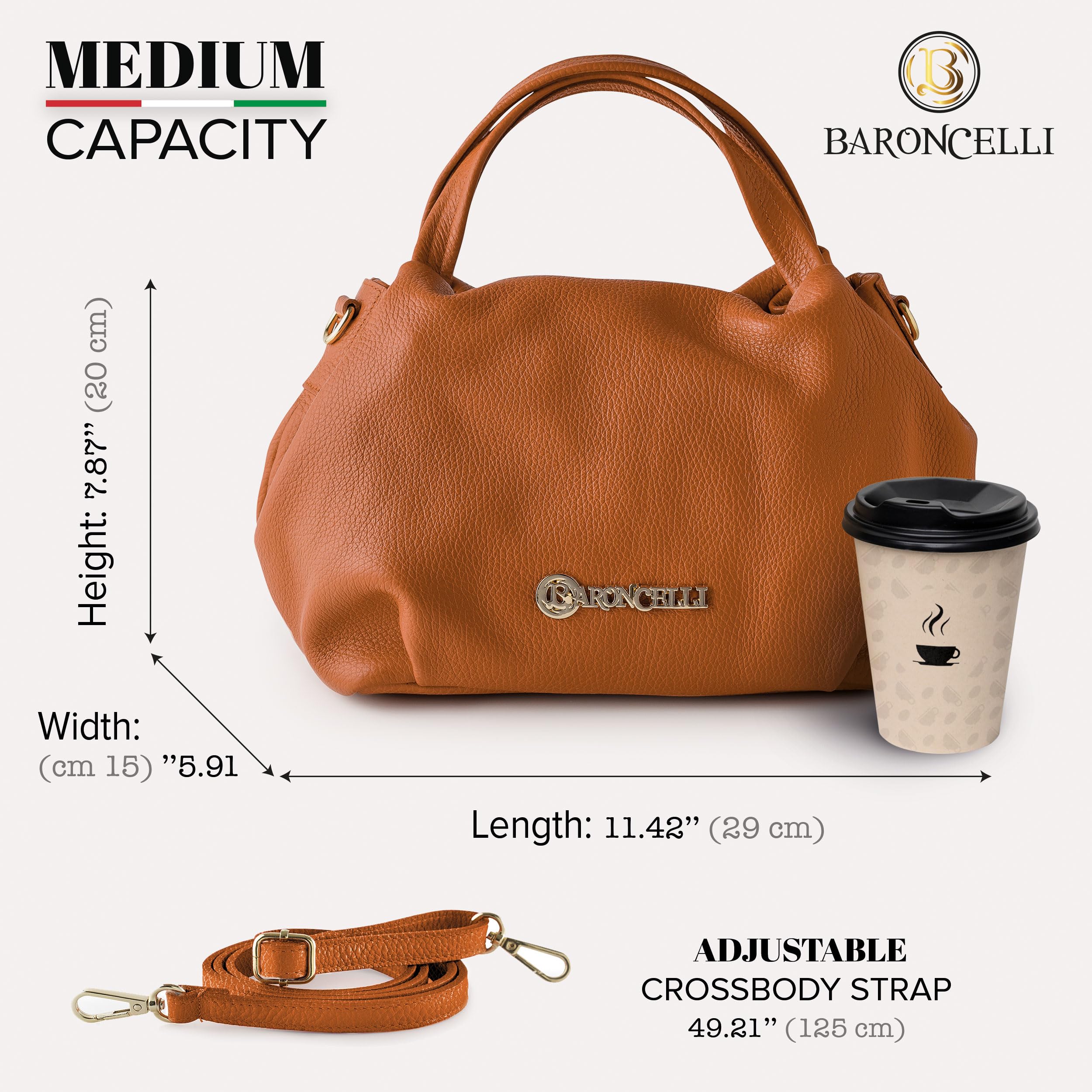 Baroncelli Genuine Italian Leather Purse for Women - Soft Medium Shoulder Crossbody Bag Handmade in Italy | Perfect for Work, Travel & Everyday Use