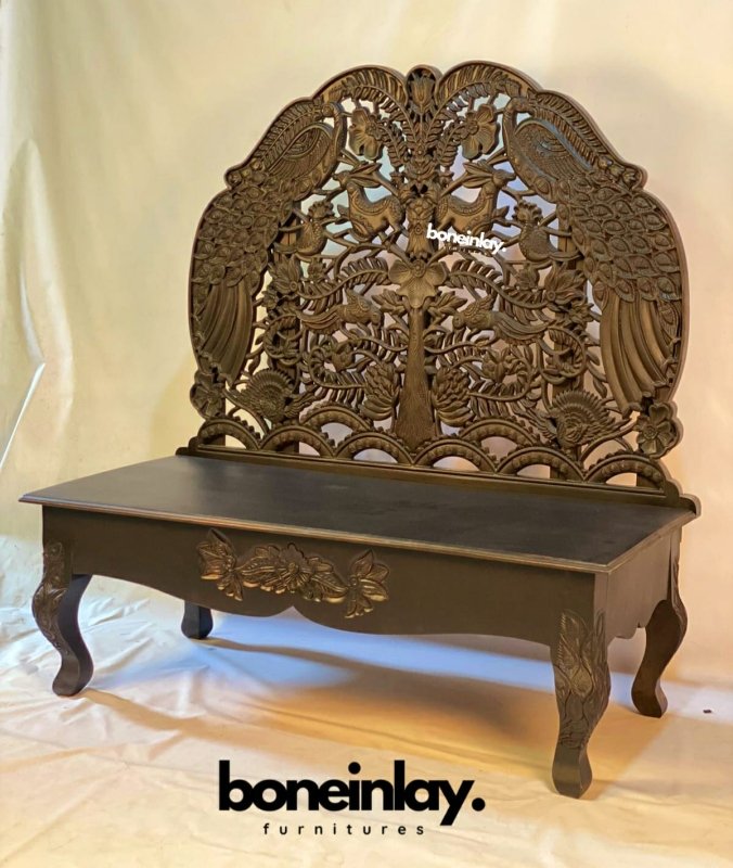 Hand Carved Custom Black Peacock Woodland Daybed - Elegant Wooden Sofa Bed for Living Room, Bedroom & Outdoor Patio - Perfect for Relaxing, Lounging & Home Decor
