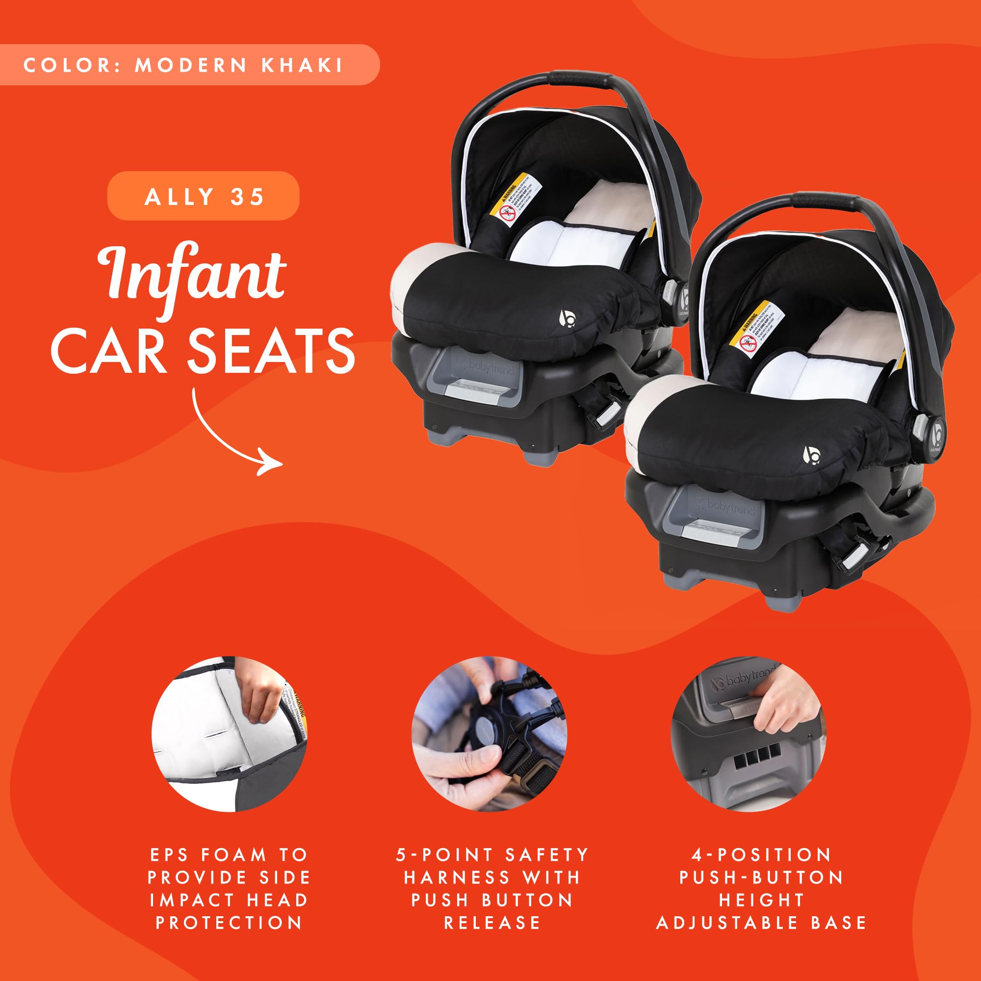Baby Trend Ally Newborn Infant Car Seat Carrier Travel System - 2 Pack, Khaki - Safe & Comfortable for Babies up to 35 lbs with Harness & Cozy Cover - Perfect for Travel, Shopping & Daily Outings