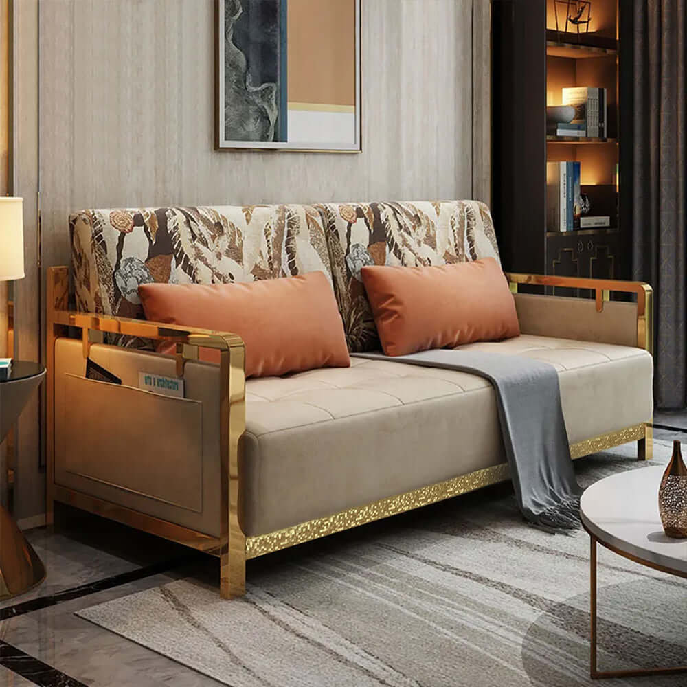 Modern Convertible Full Sleeper Gold Metal Beige Upholstered Sofa Bed - Space-Saving Furniture for Small Apartments, Guest Rooms & Home Offices