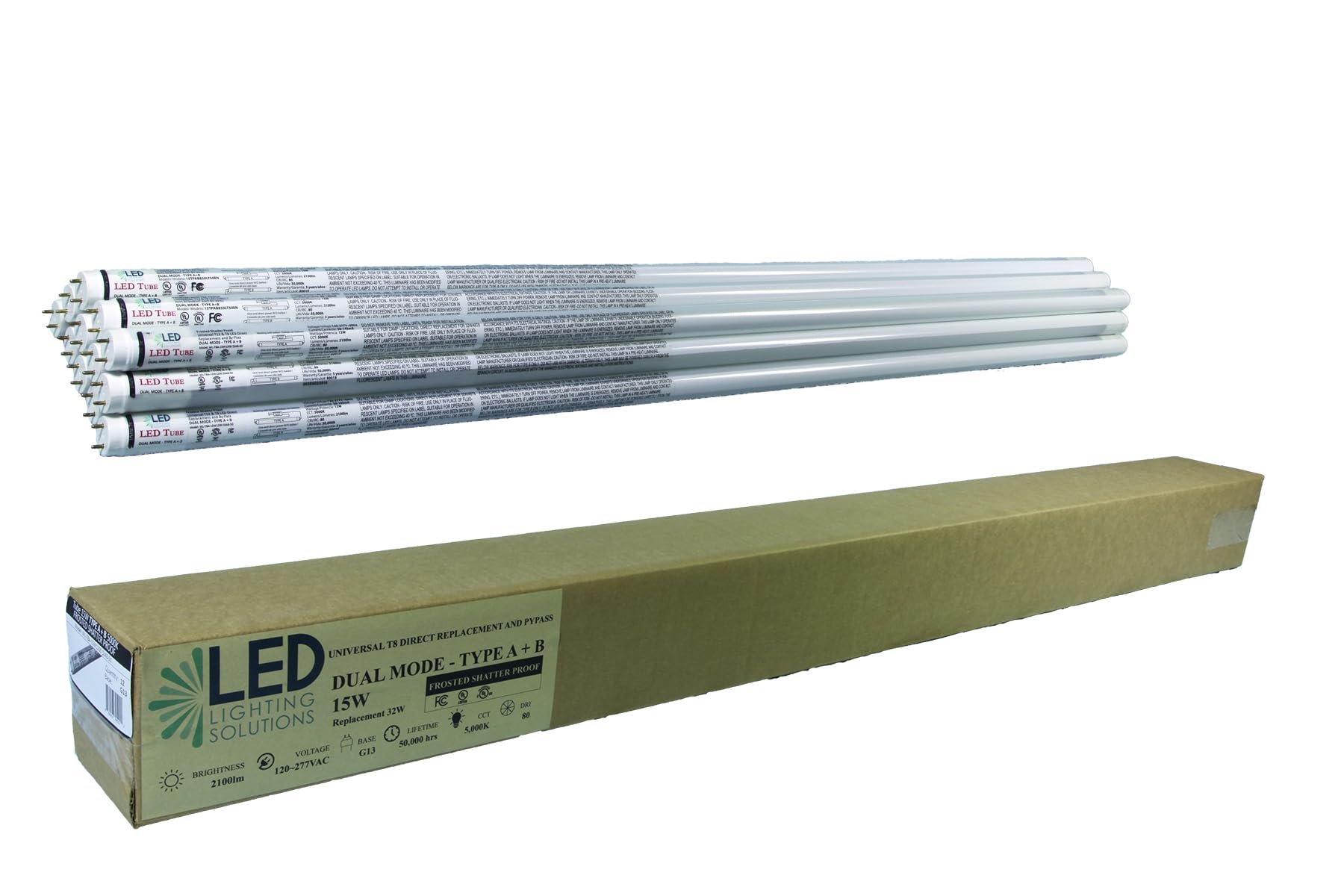12 Pack 4FT LED T8 Hybrid Type A+B Light Tubes - 15W, 5000K Daylight, 2100lm - Plug & Play or Ballast Bypass - Single-Ended Frosted Cover - Compatible with T8/T10/T12 G13 Fixtures - 120-277V - UL & DLC Certified - Perfect for Offices, Warehouses, and Retail Spaces