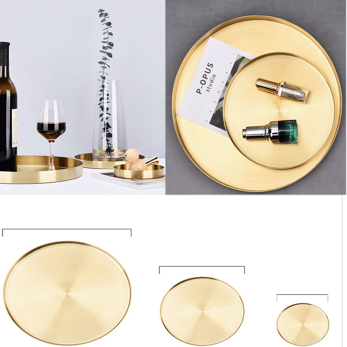 Gold Round Brass Trays & Stainless Steel Metal Plates - Decorative Storage Organizer Serving Tray for Vanity, Jewelry, Cosmetic & Kitchen Tableware (Medium) | Perfect for Home Decor, Party Serving, and Bathroom Organization
