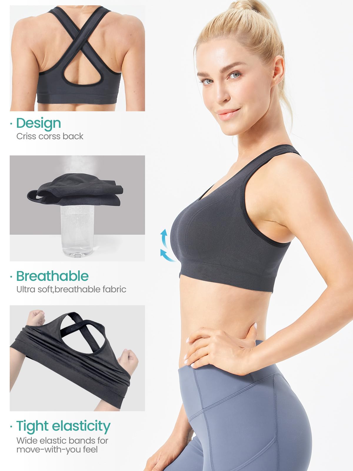 FITTIN Women's Seamless Sports Bras with Removable Pads - Cross Back Support for Workout, Yoga, Running & Gym - 3 Pack