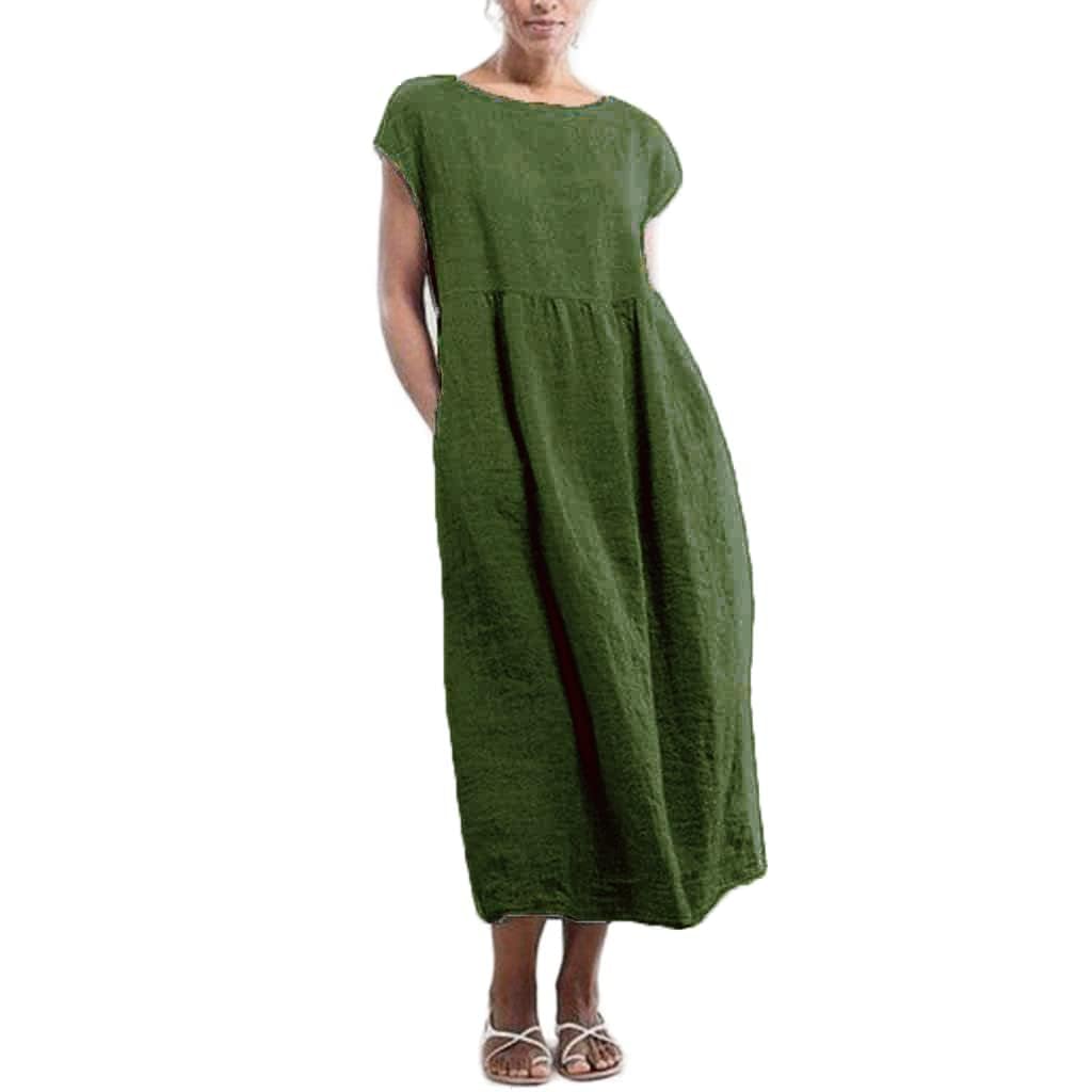 Women's Flowy Cotton Linen Maxi Dress - Summer Casual Floral Loose Fit Midi Dress with Crewneck | Beach Party, Vacation, Boho Chic Outfit for Women