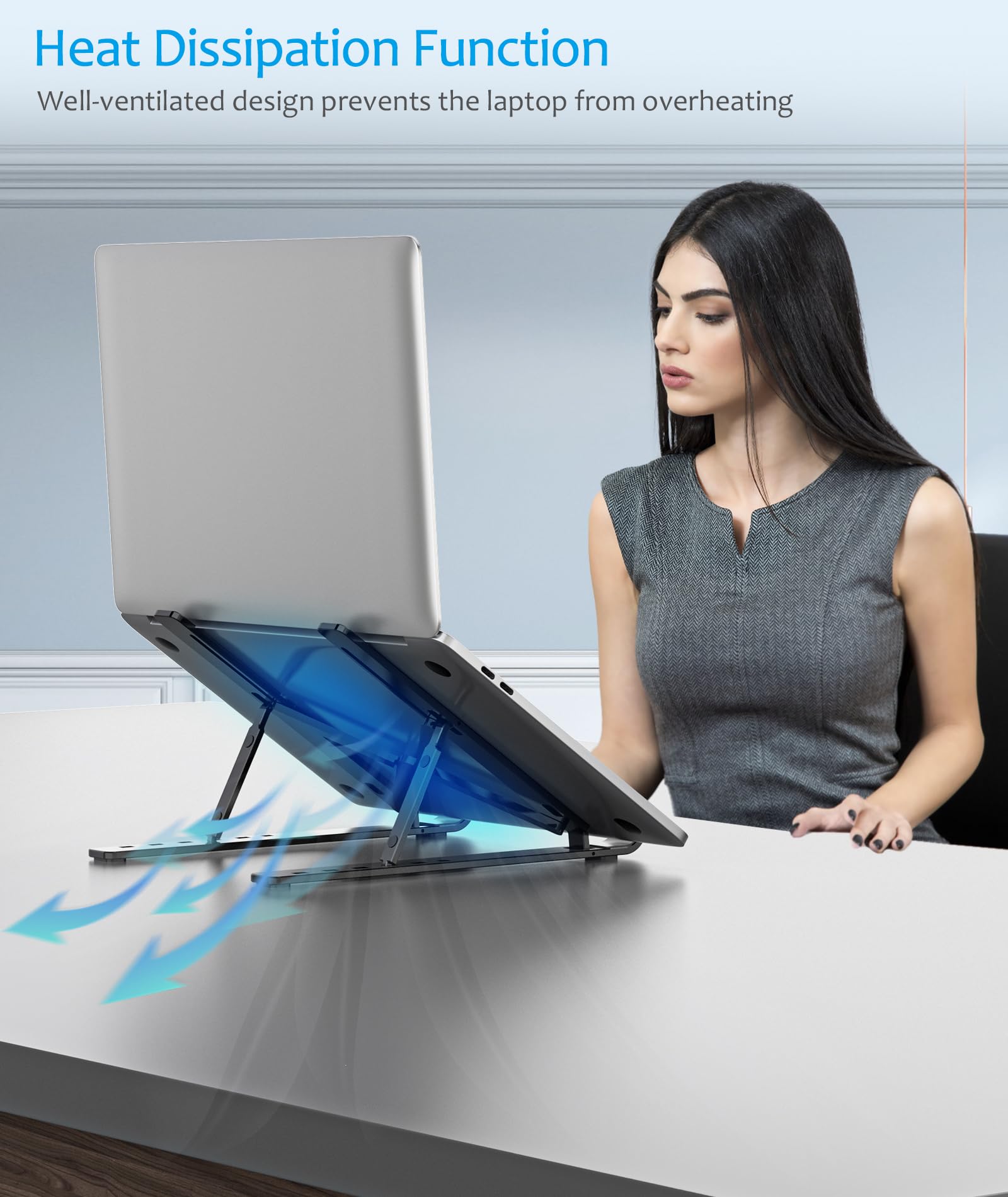 BoYata Aluminum Foldable Laptop Stand with 6 Adjustable Heights - Portable Laptop Riser for MacBook, HP, Lenovo & Dell 10-15.6 Inch Notebooks - Ergonomic Desk Stand for Home, Office & Travel (Grey)