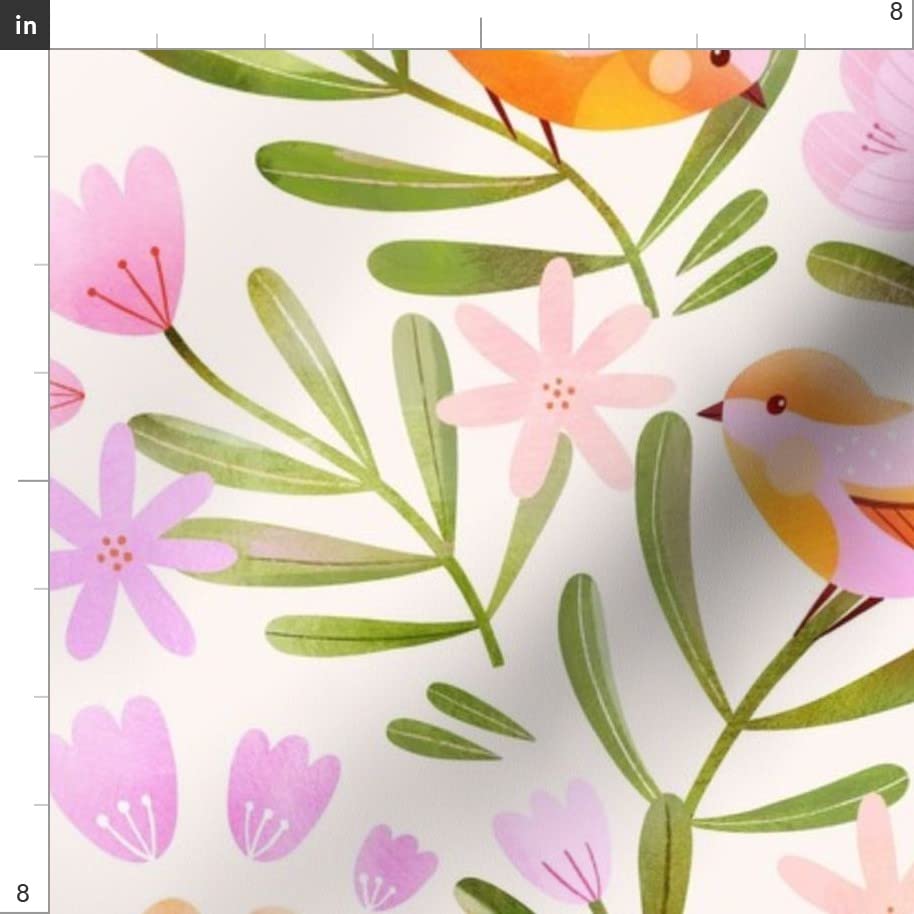 Spring Botanical Pink Floral Birds Printed Cotton Poplin Fabric - Fat Quarter for Sewing, Quilting, Dresses & Crafts | Perfect for Spring/Summer Apparel & Home Decor Projects
